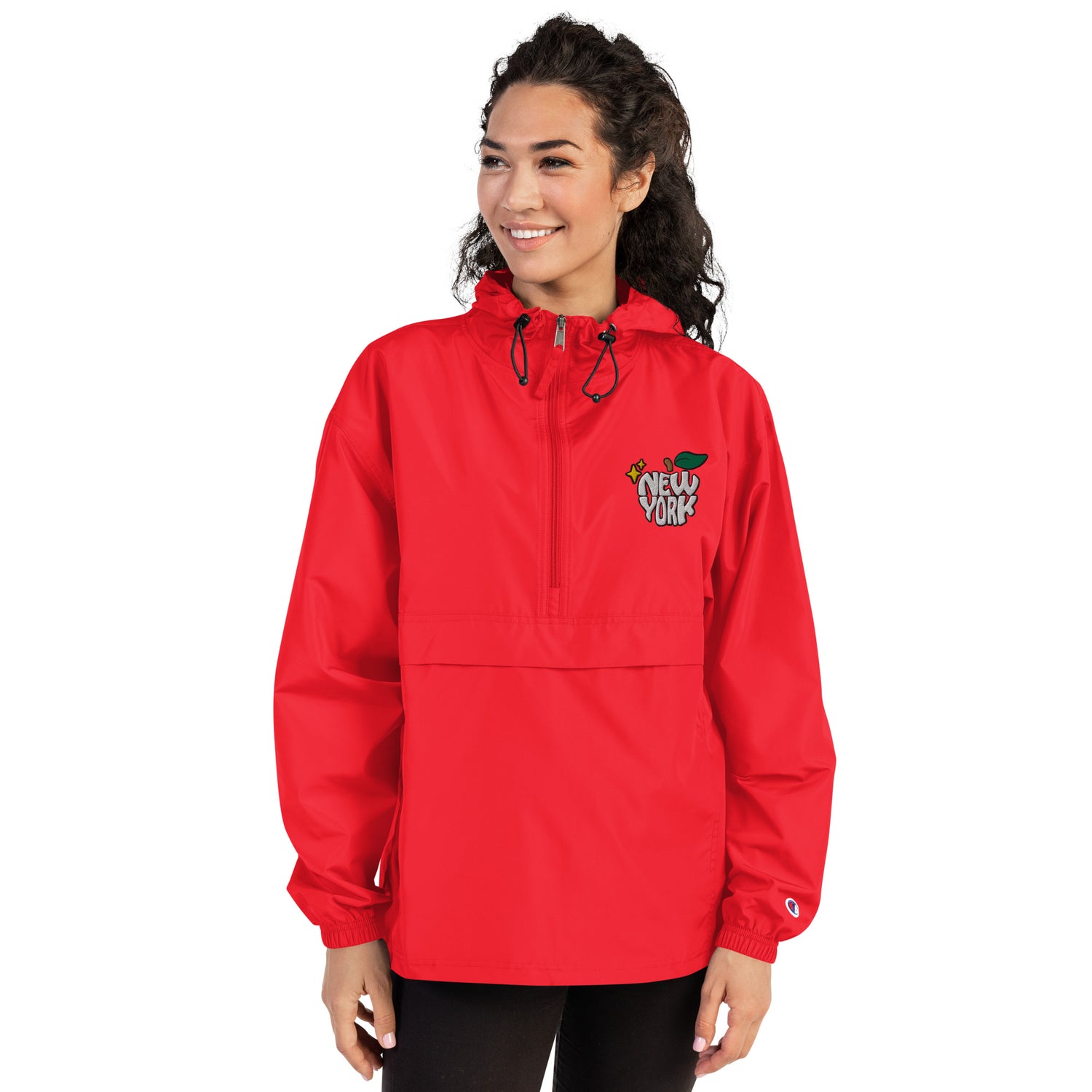 New York Apple Logo Embroidered Red Champion Packable Windbreaker Jacket Scattered Streetwear