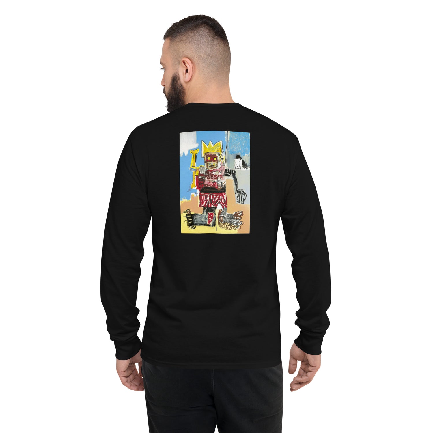 Jean-Michel Basquiat "Untitled" Artwork Printed Premium Black Champion Crewneck Long Sleeve Shirt Scattered Streetwear