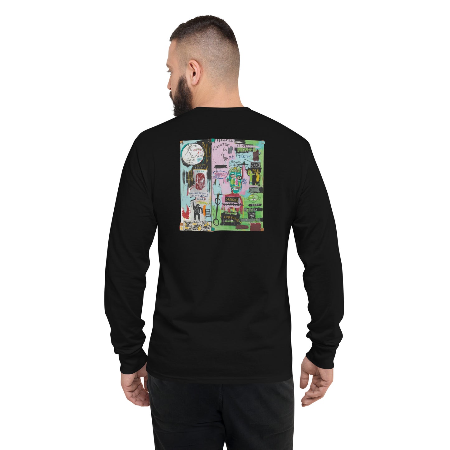 Jean-Michel Basquiat "In Italian" Artwork Printed Premium Black Champion Crewneck Long Sleeve Shirt Scattered Streetwear