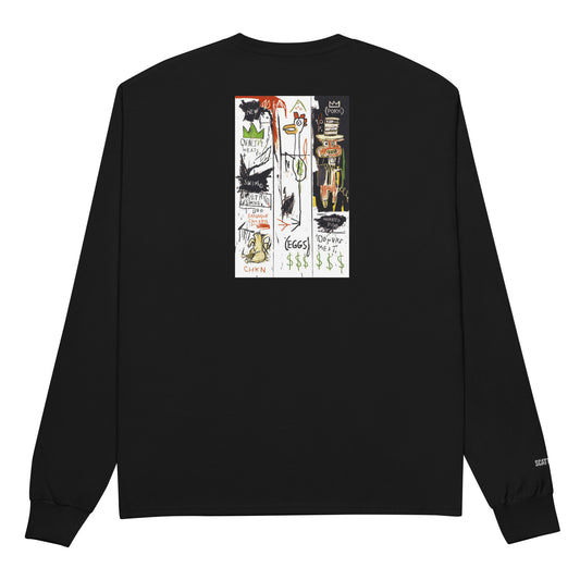 Jean-Michel Basquiat "Quality Meats for the Public" Artwork Printed Premium Black Champion Crewneck Long Sleeve Shirt Scattered Streetwear