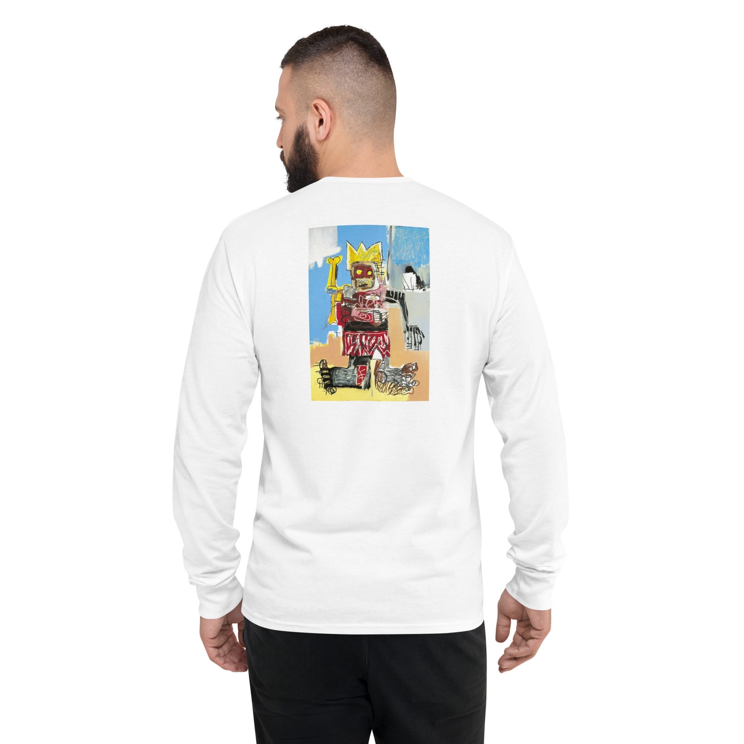 Jean-Michel Basquiat "Untitled" Artwork Printed Premium White Champion Crewneck Long Sleeve Shirt Scattered Streetwear