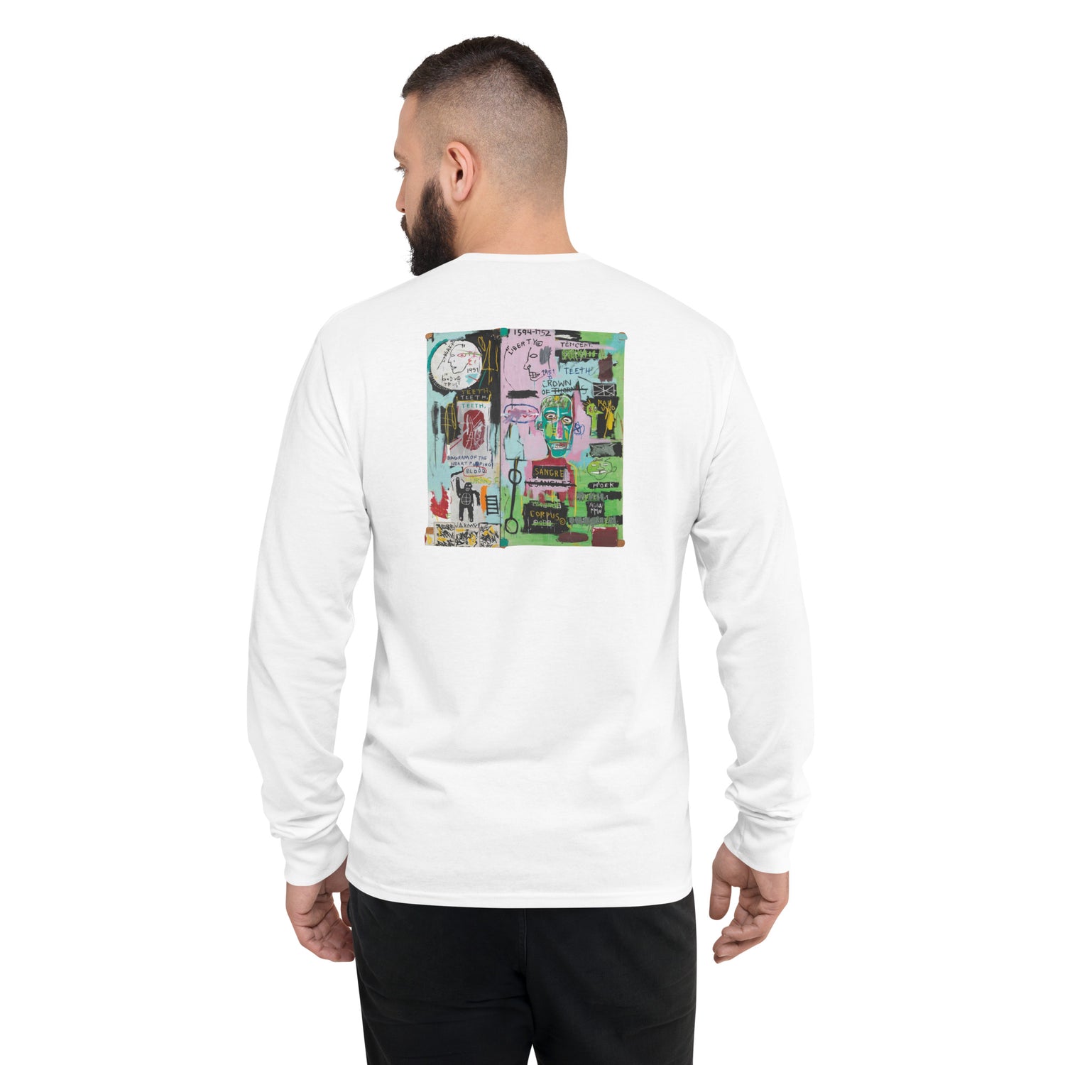 Jean-Michel Basquiat "In Italian" Artwork Printed Premium White Champion Crewneck Long Sleeve Shirt Scattered Streetwear