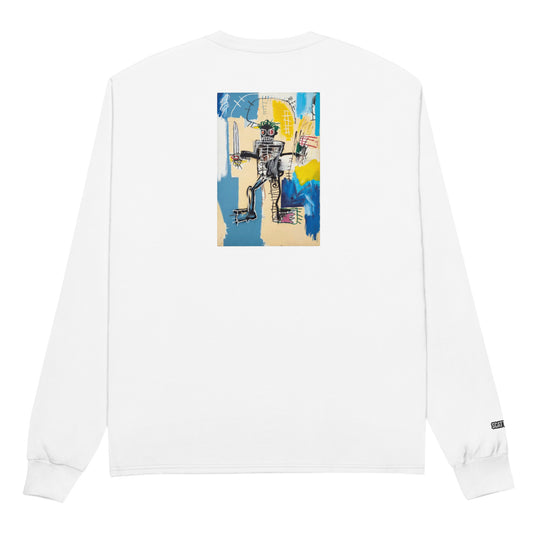 Jean-Michel Basquiat "Warrior" Artwork Printed Premium White Champion Crewneck Long Sleeve Shirt Scattered Streetwear