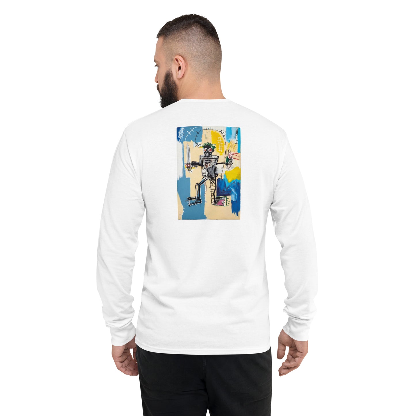 Jean-Michel Basquiat "Warrior" Artwork Printed Premium White Champion Crewneck Long Sleeve Shirt Scattered Streetwear