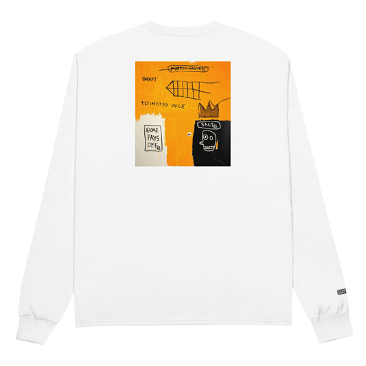 Jean-Michel Basquiat "Rome Pays Off" Artwork Printed Premium White Champion Crewneck Long Sleeve Shirt Scattered Streetwear