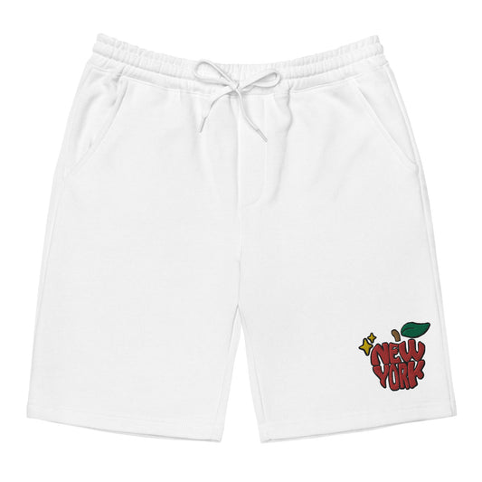 New York Apple Logo Embroidered White Fleece Sweat Shorts Scattered Streetwear 