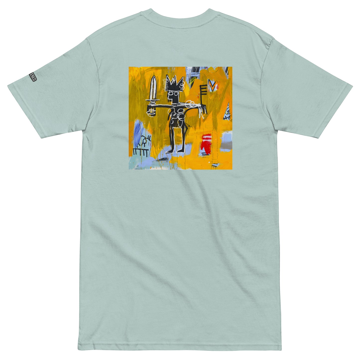 Jean-Michel Basquiat "Julius Caesar on Gold" Artwork Printed Premium Agave Blue Streetwear Crewneck T-shirt Scattered 