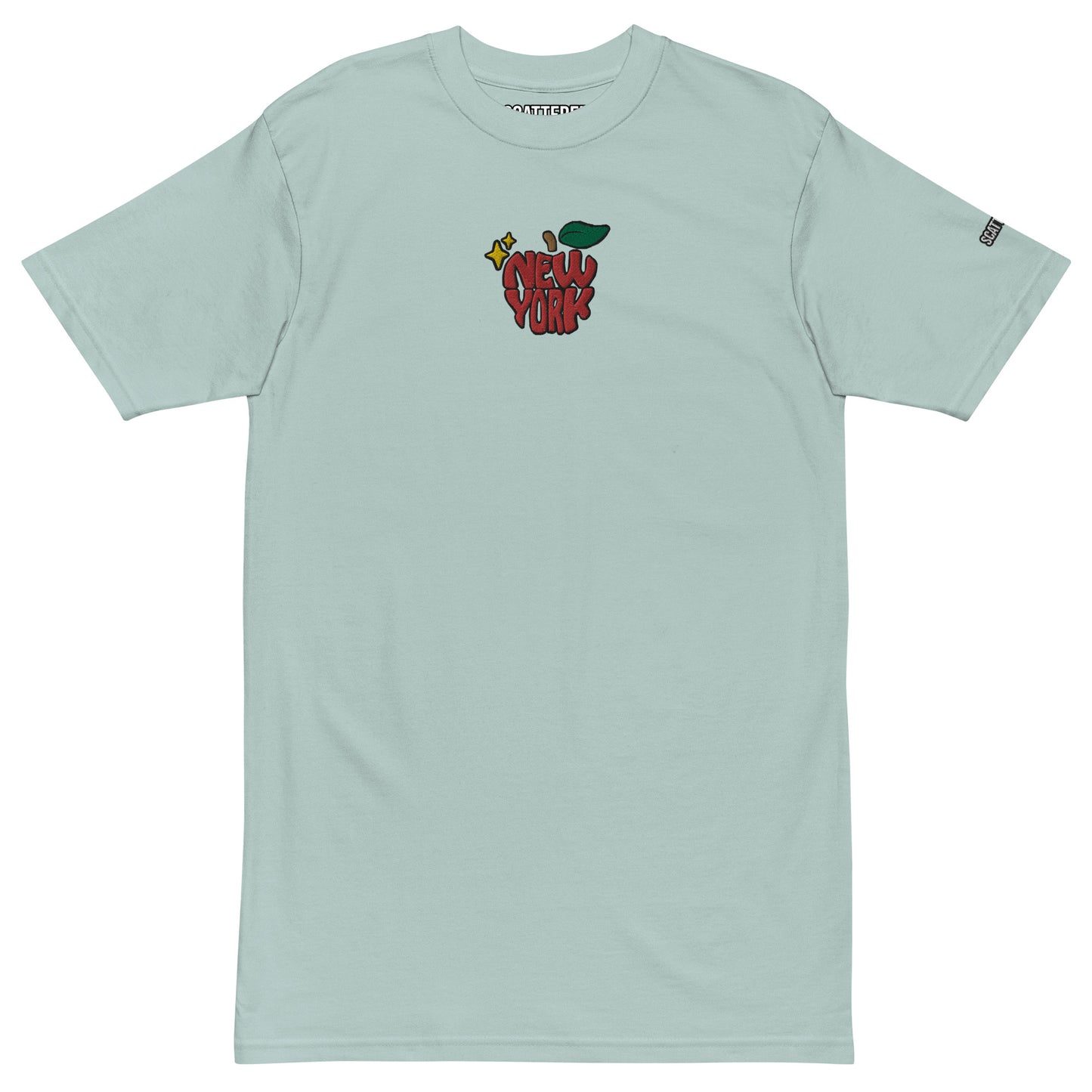 New York Apple Logo Embroidered Agave Blue T-Shirt Scattered Streetwear