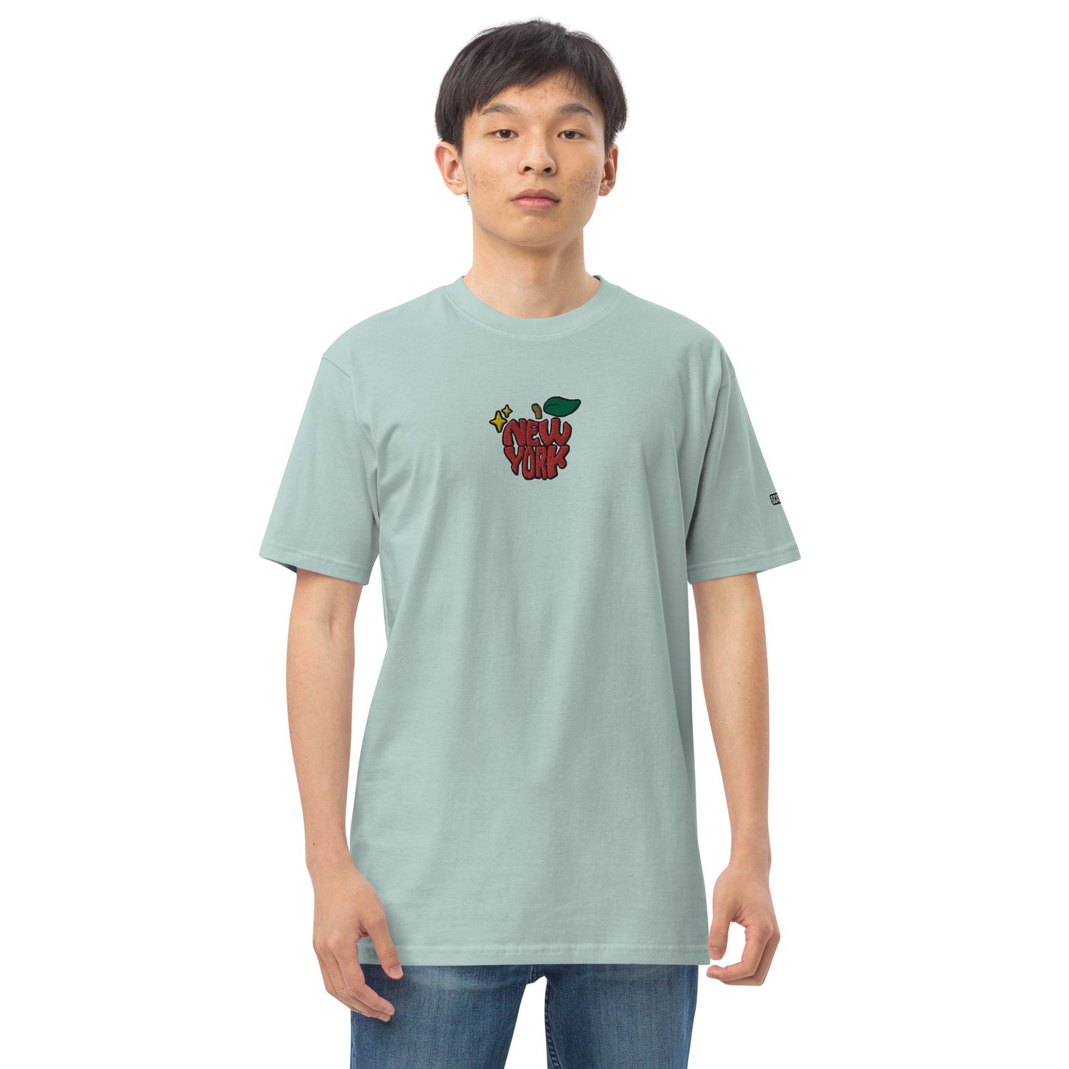 New York Apple Logo Embroidered Agave Blue T-Shirt Scattered Streetwear