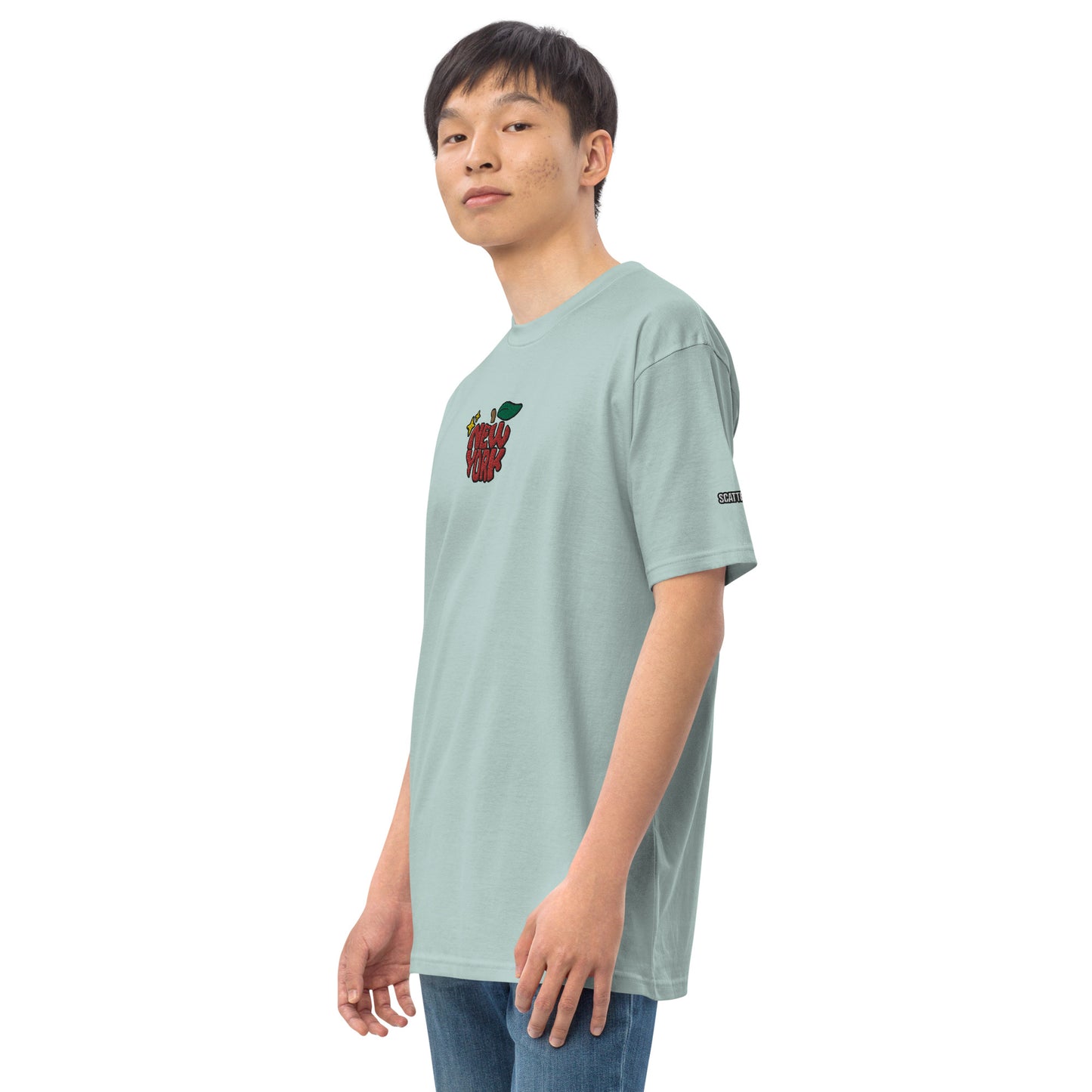 New York Apple Logo Embroidered Agave Blue T-Shirt Scattered Streetwear