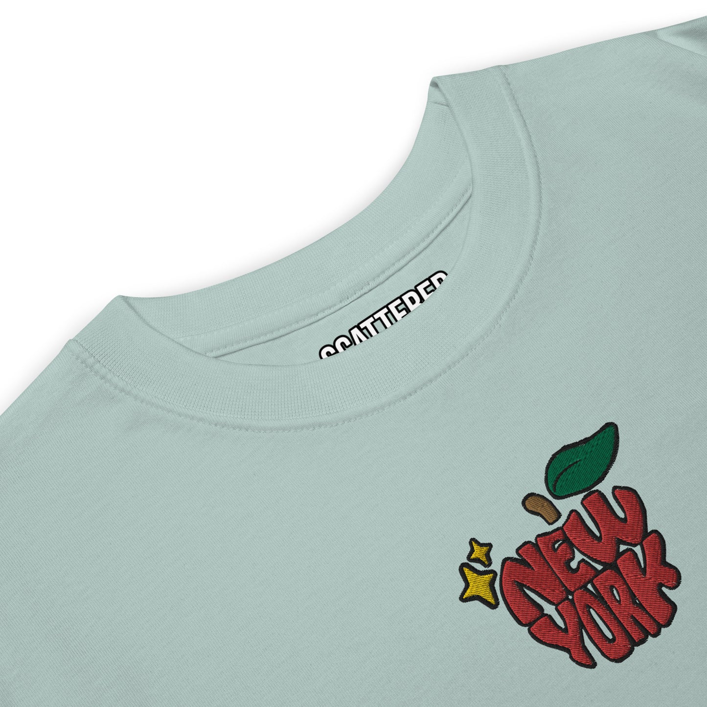 New York Apple Logo Embroidered Agave Blue T-Shirt Scattered Streetwear