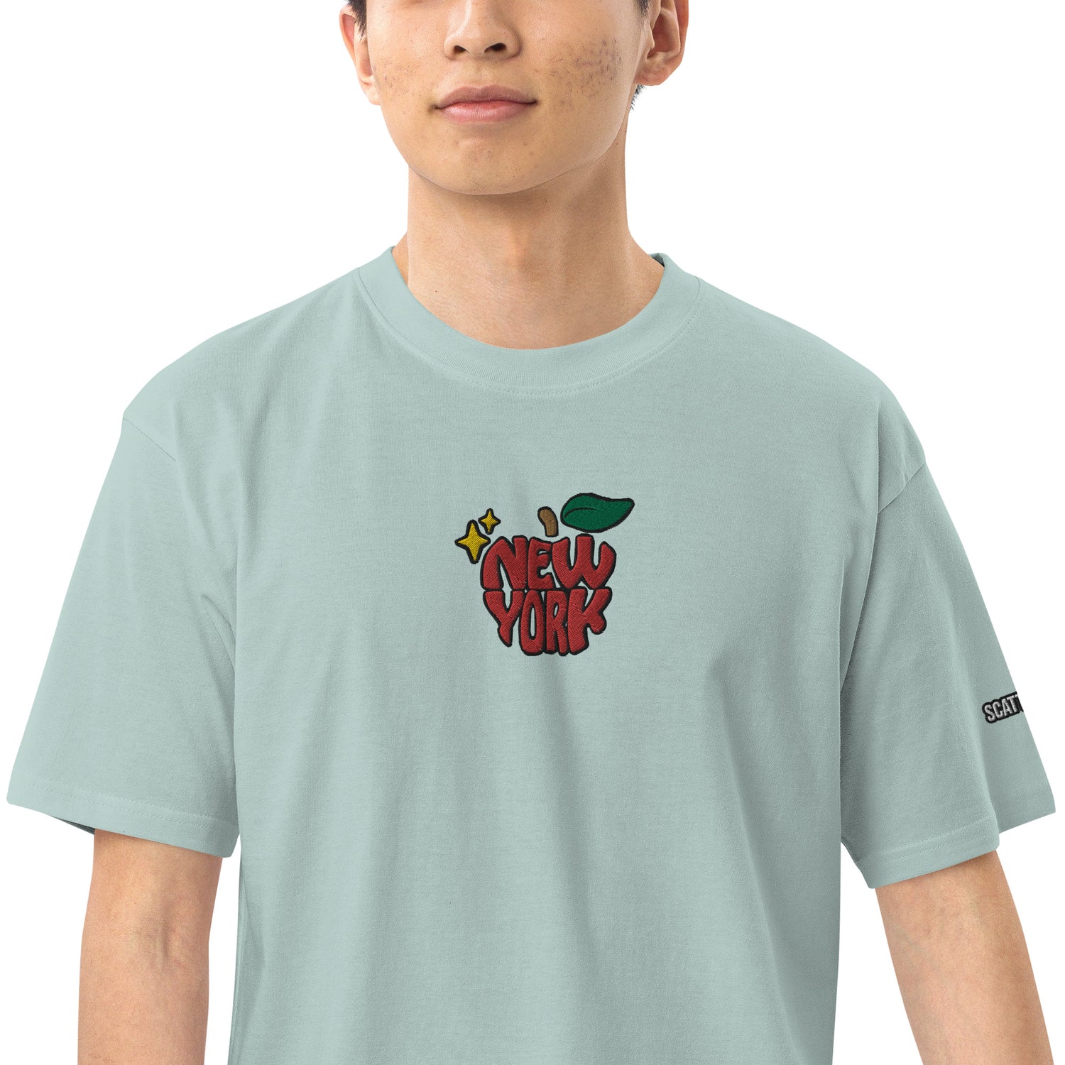 New York Apple Logo Embroidered Agave Blue T-Shirt Scattered Streetwear
