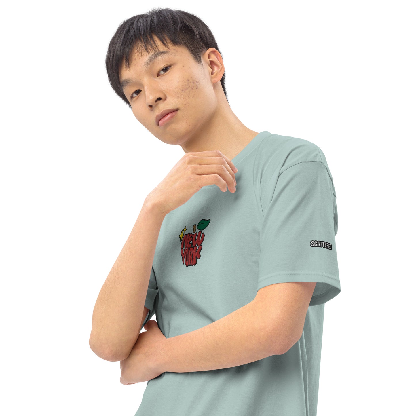 New York Apple Logo Embroidered Agave Blue T-Shirt Scattered Streetwear