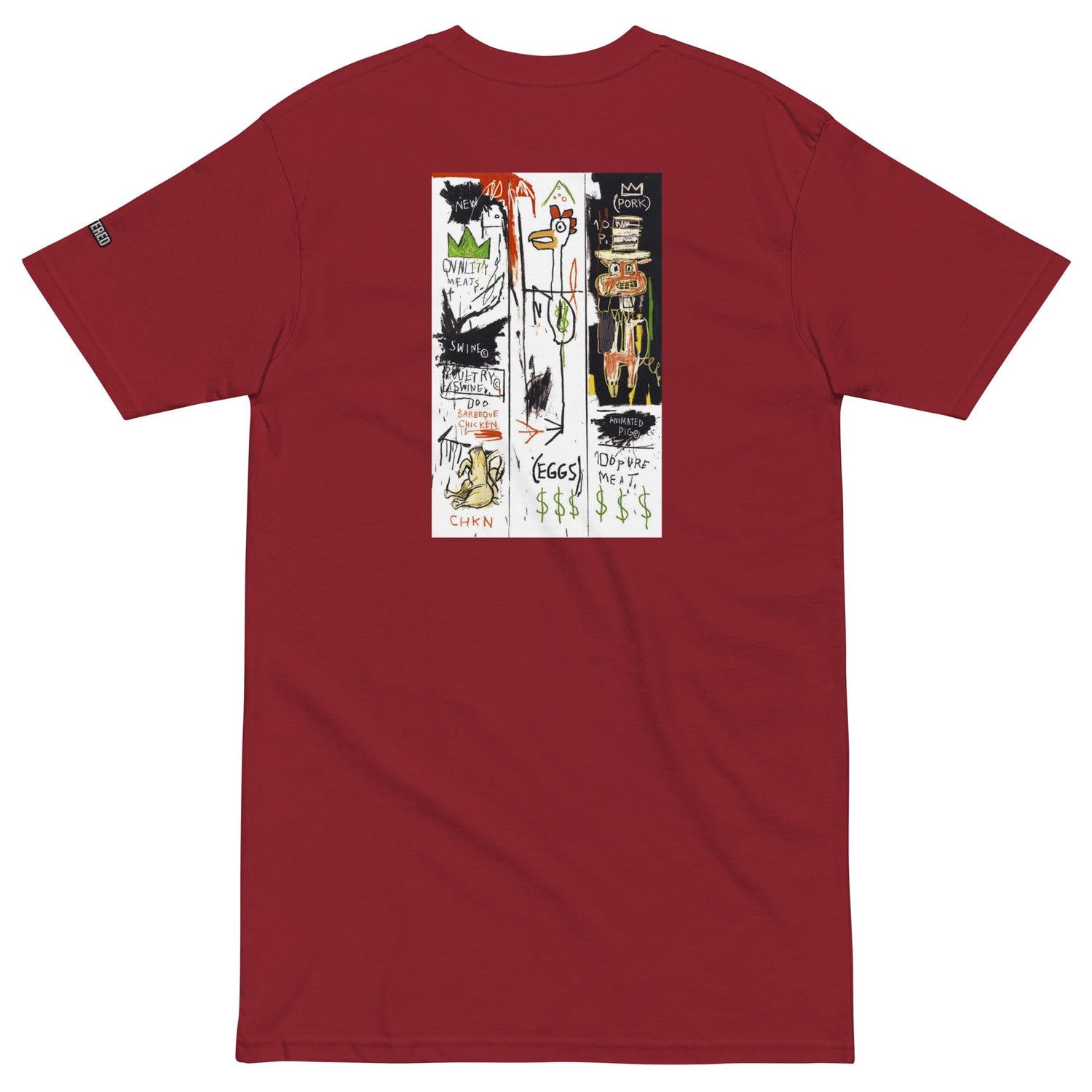 Jean-Michel Basquiat "Quality Meats for the Public" Artwork Embroidered + Printed Premium Red Streetwear T-shirt Scattered