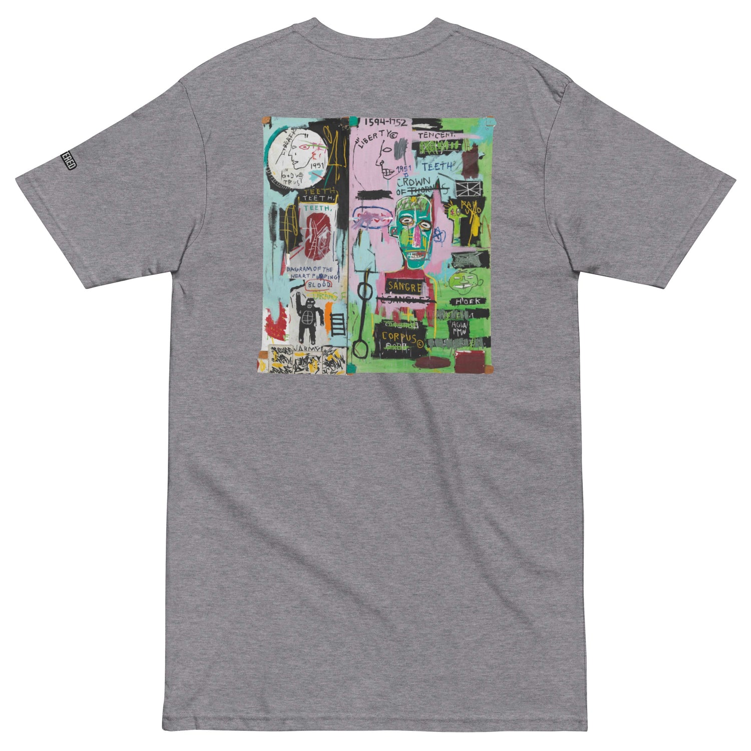 Jean-Michel Basquiat "In Italian" Artwork Embroidered and Printed Premium Grey Streetwear T-Shirt Scattered