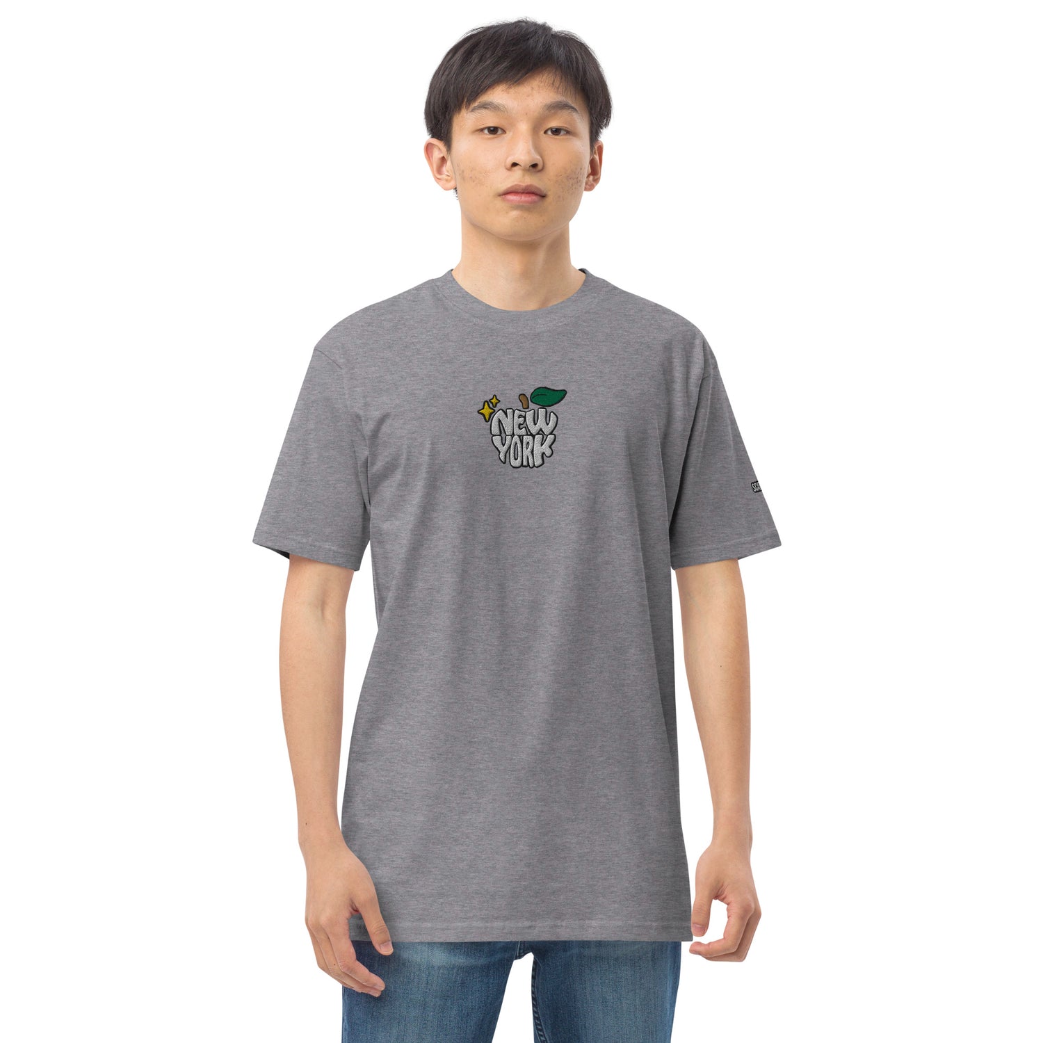 New York Apple Logo Embroidered Grey T-Shirt Scattered Streetwear
