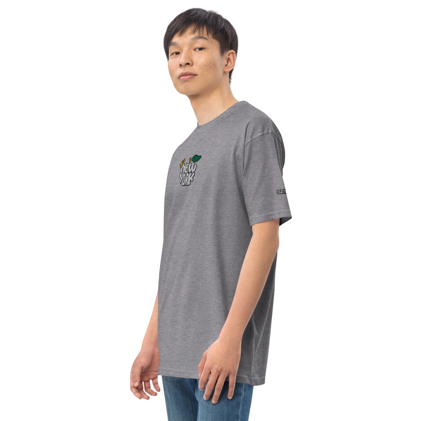 New York Apple Logo Embroidered Grey T-Shirt Scattered Streetwear