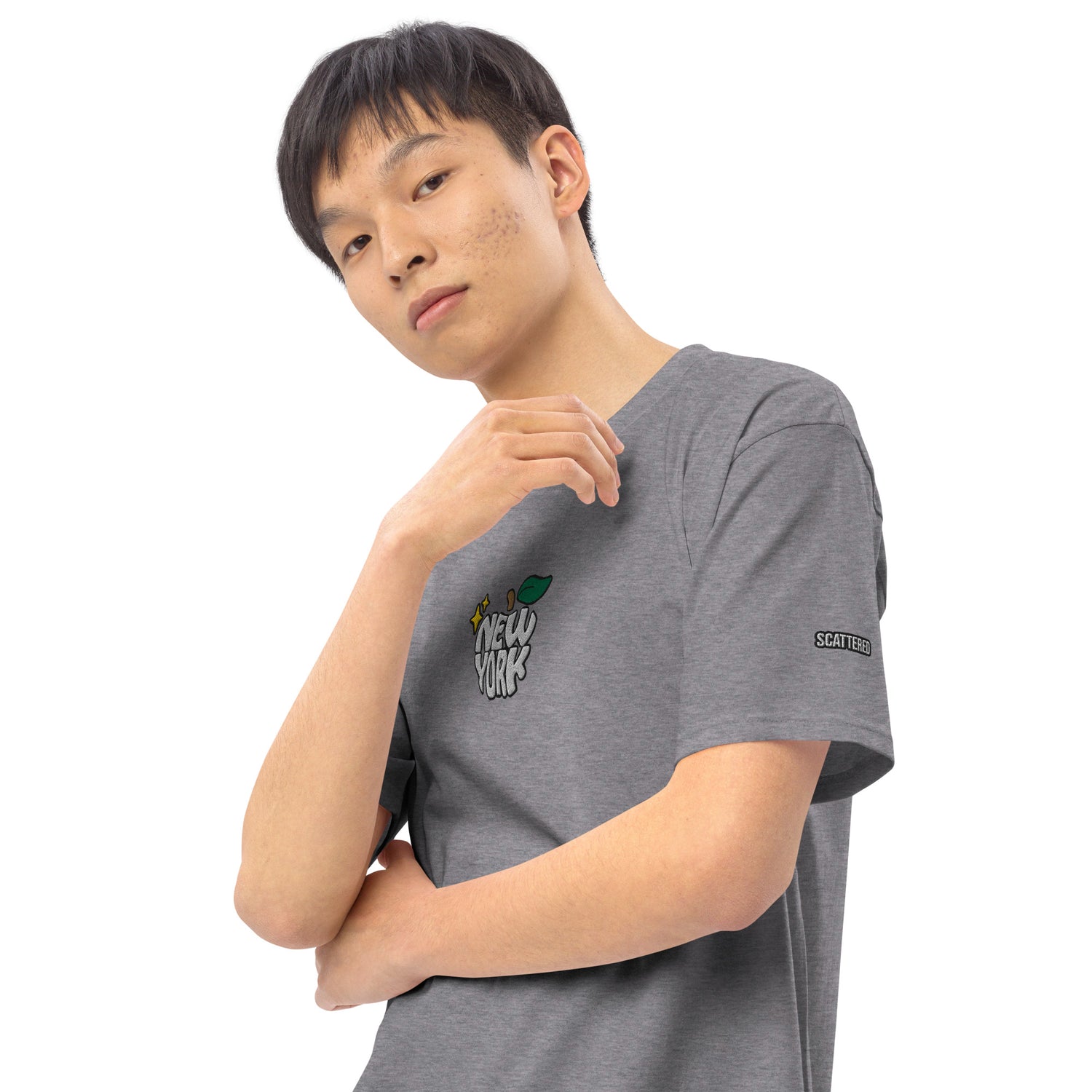 New York Apple Logo Embroidered Grey T-Shirt Scattered Streetwear