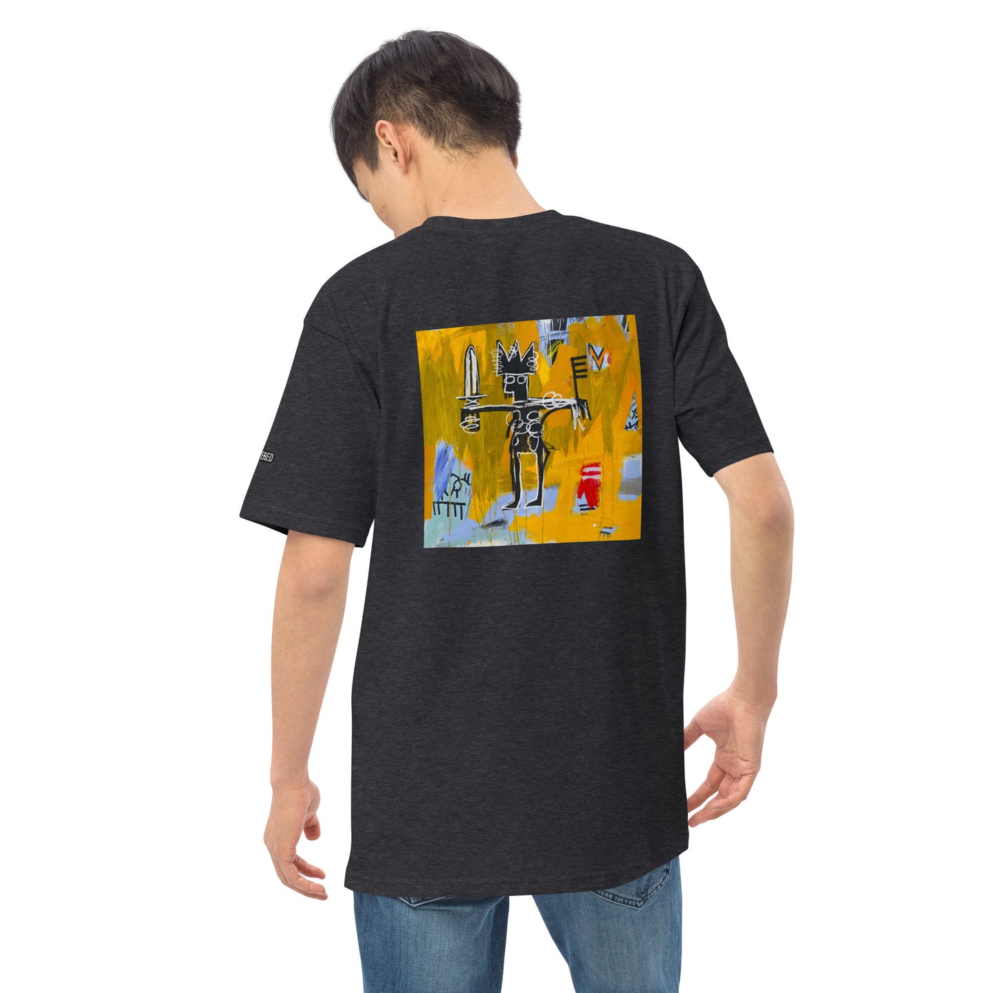  Jean-Michel Basquiat "Julius Caesar on Gold" Artwork Printed Premium Charcoal Grey Streetwear Crewneck T-shirt Scattered 