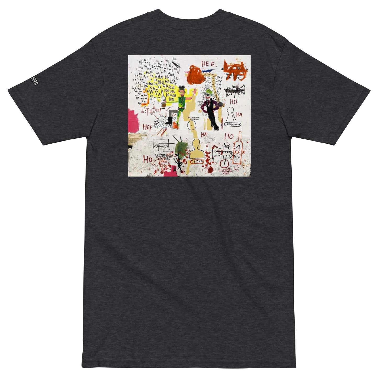 Jean-Michel Basquiat "Riddle Me This Batman" Artwork Embroidered + Printed Premium Charcoal Grey Streetwear T-shirt Scattered