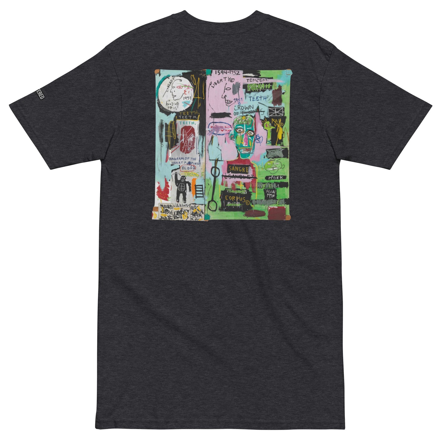 Jean-Michel Basquiat "In Italian" Artwork Embroidered and Printed Premium Charcoal Grey Streetwear T-Shirt Scattered
