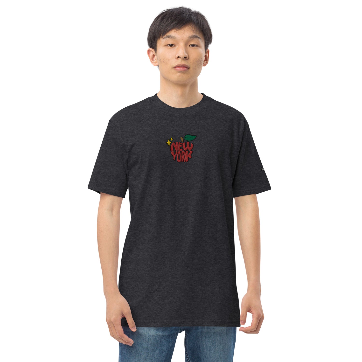 New York Apple Logo Embroidered Charcoal Grey T-Shirt Scattered Streetwear