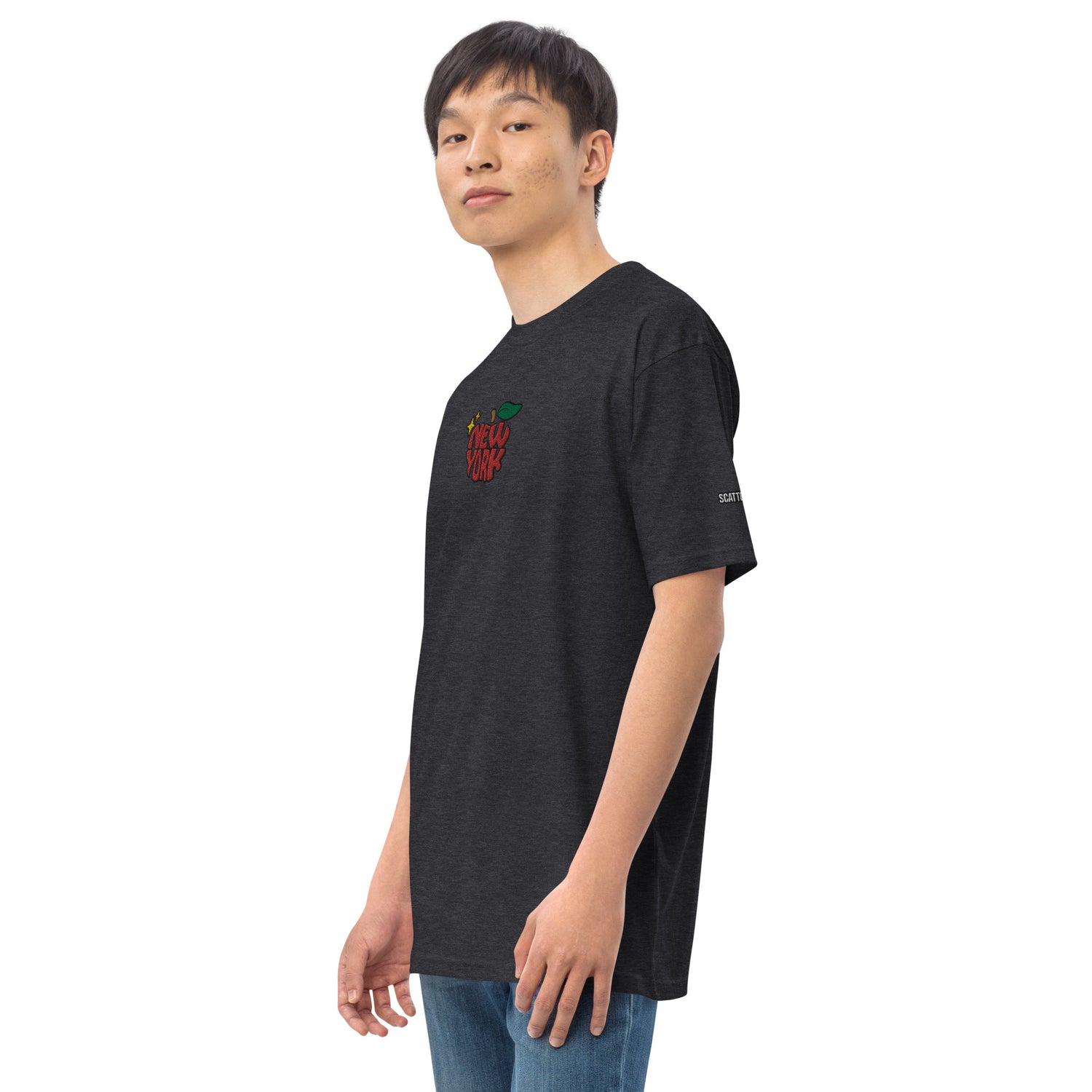 New York Apple Logo Embroidered Charcoal Grey T-Shirt Scattered Streetwear