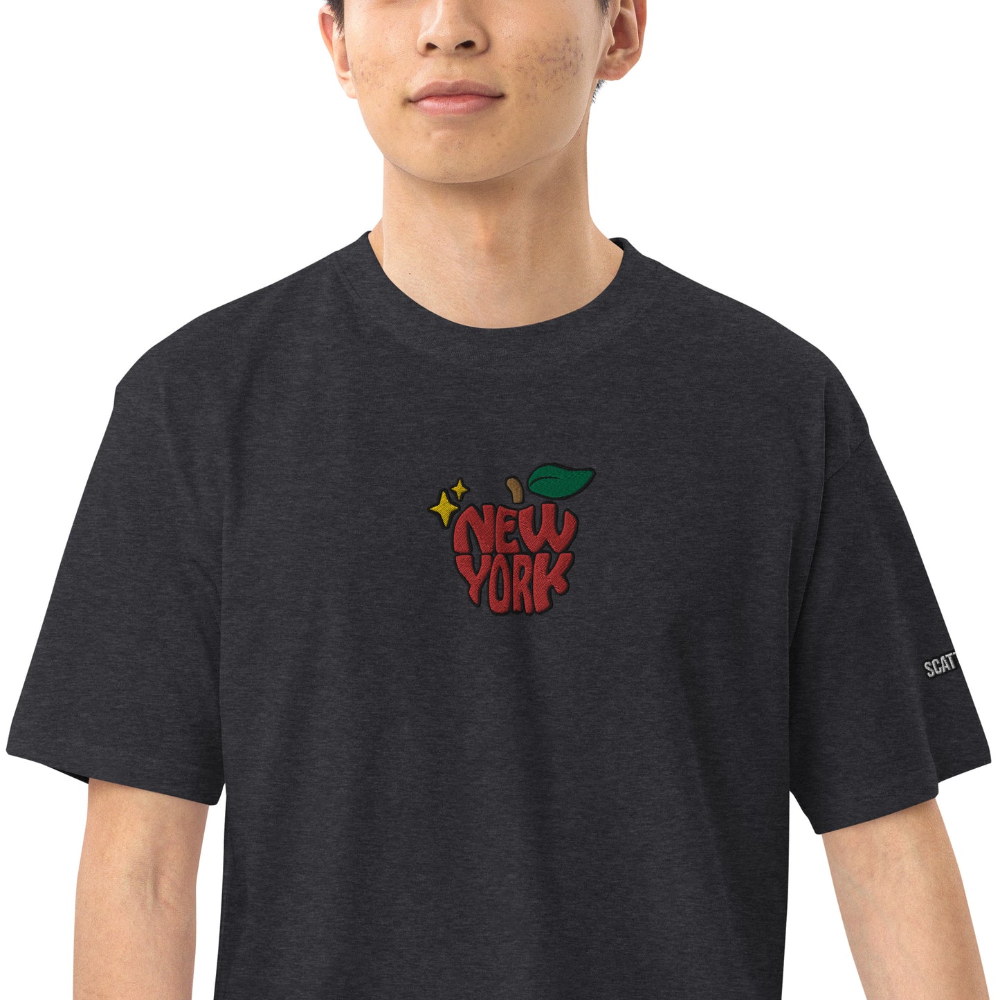 New York Apple Logo Embroidered Charcoal Grey T-Shirt Scattered Streetwear