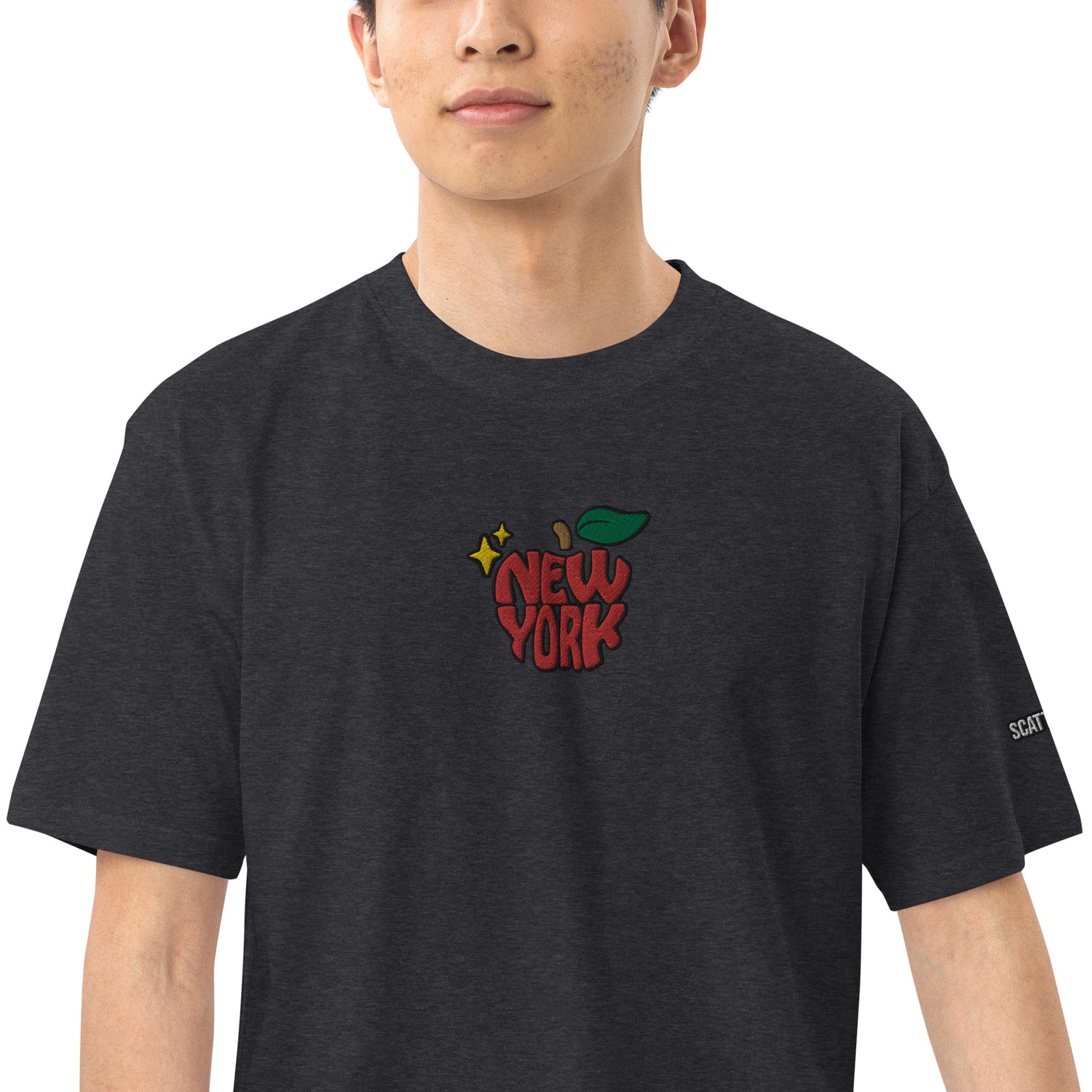 New York Apple Logo Embroidered Charcoal Grey T-Shirt Scattered Streetwear