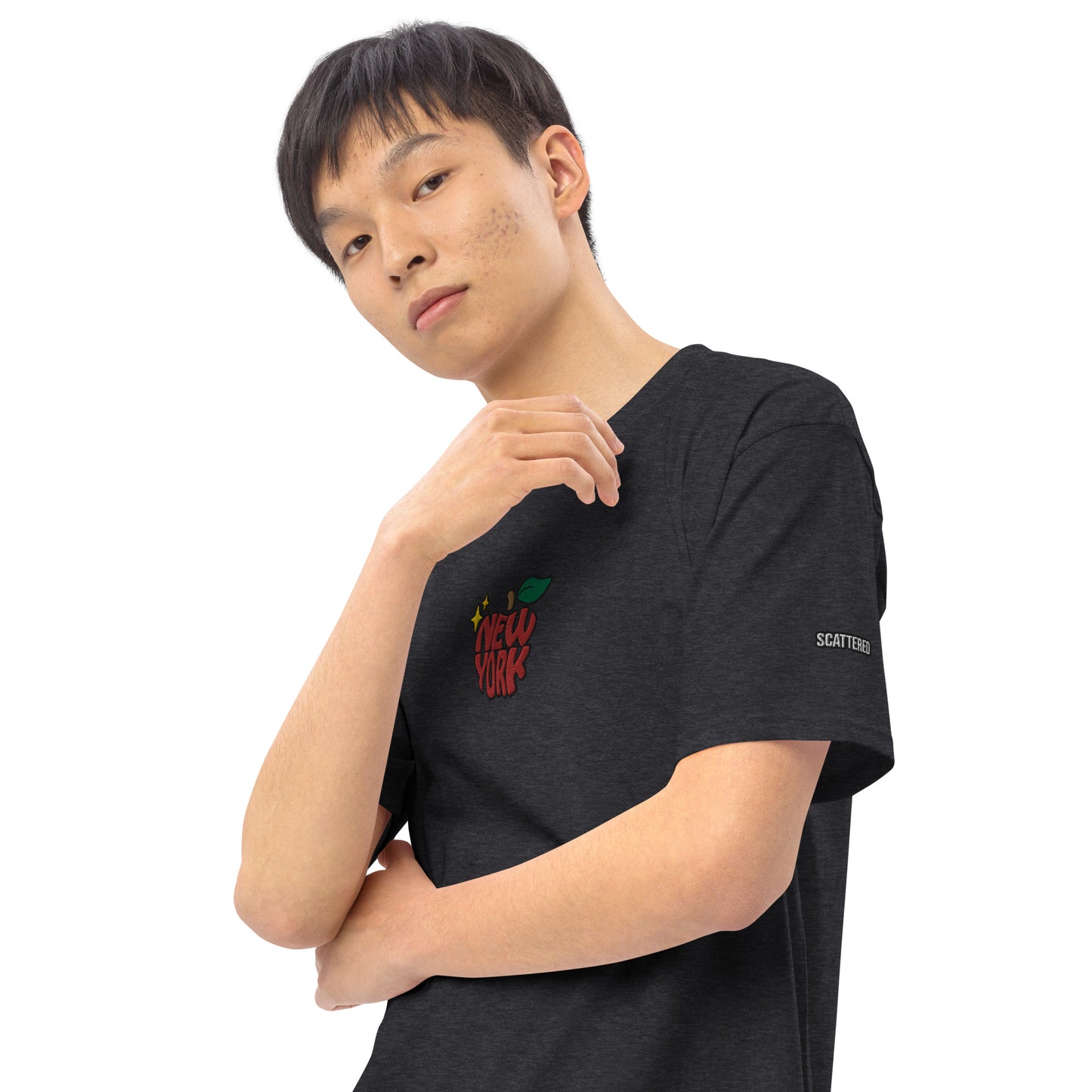 New York Apple Logo Embroidered Charcoal Grey T-Shirt Scattered Streetwear