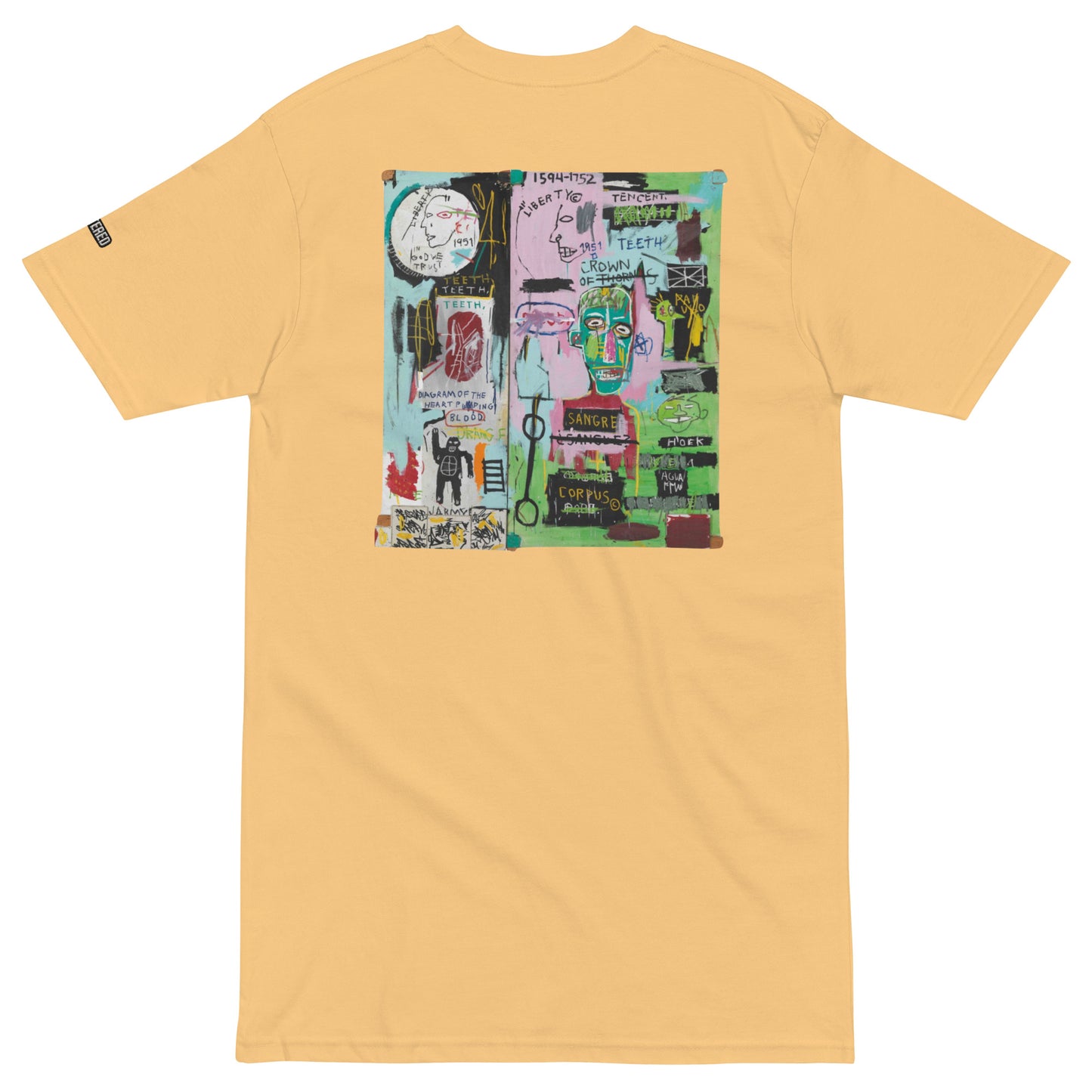 Jean-Michel Basquiat "In Italian" Artwork Embroidered and Printed Premium Yellow Streetwear T-Shirt Scattered
