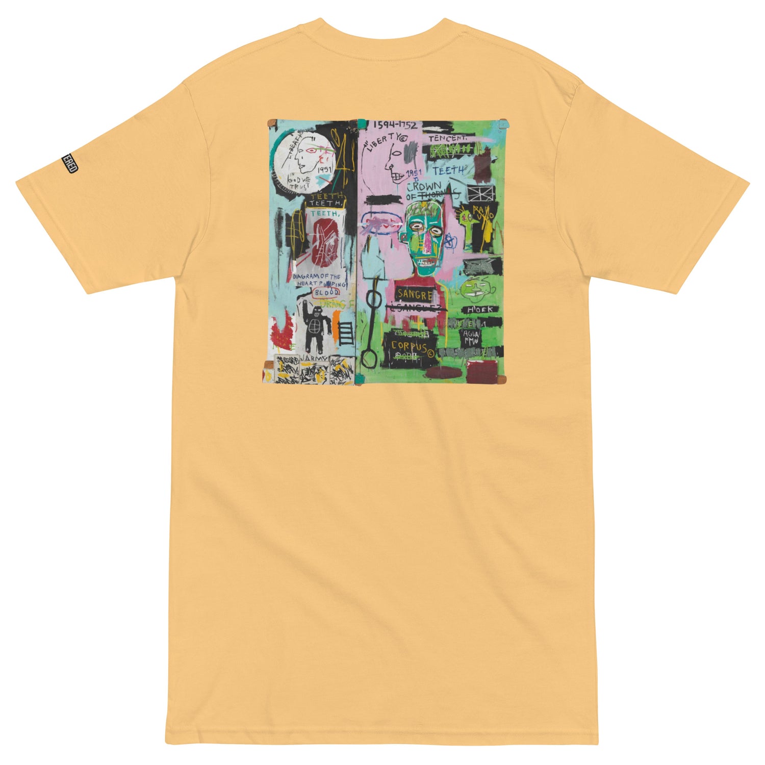 Jean-Michel Basquiat "In Italian" Artwork Embroidered and Printed Premium Yellow Streetwear T-Shirt Scattered