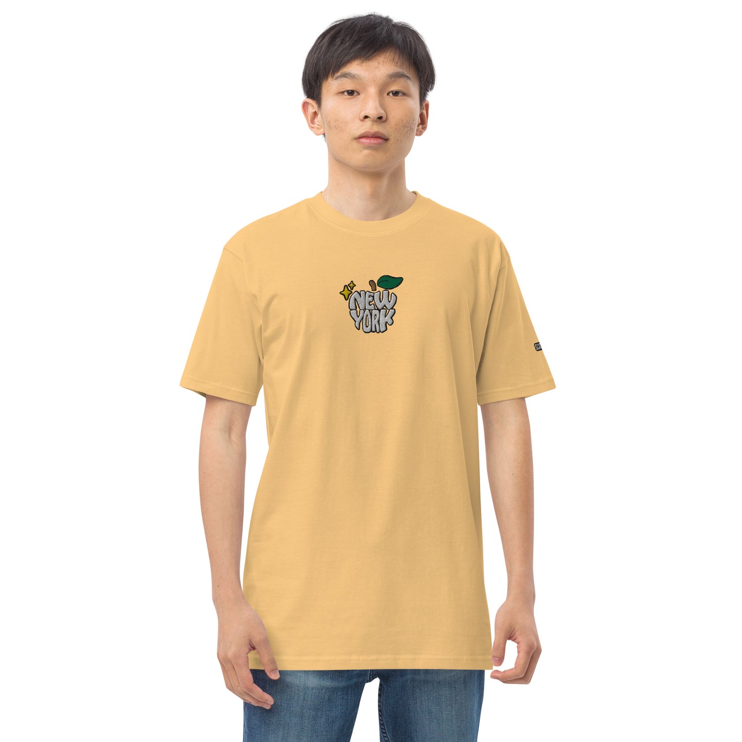 New York Apple Logo Embroidered Yellow T-Shirt Scattered Streetwear