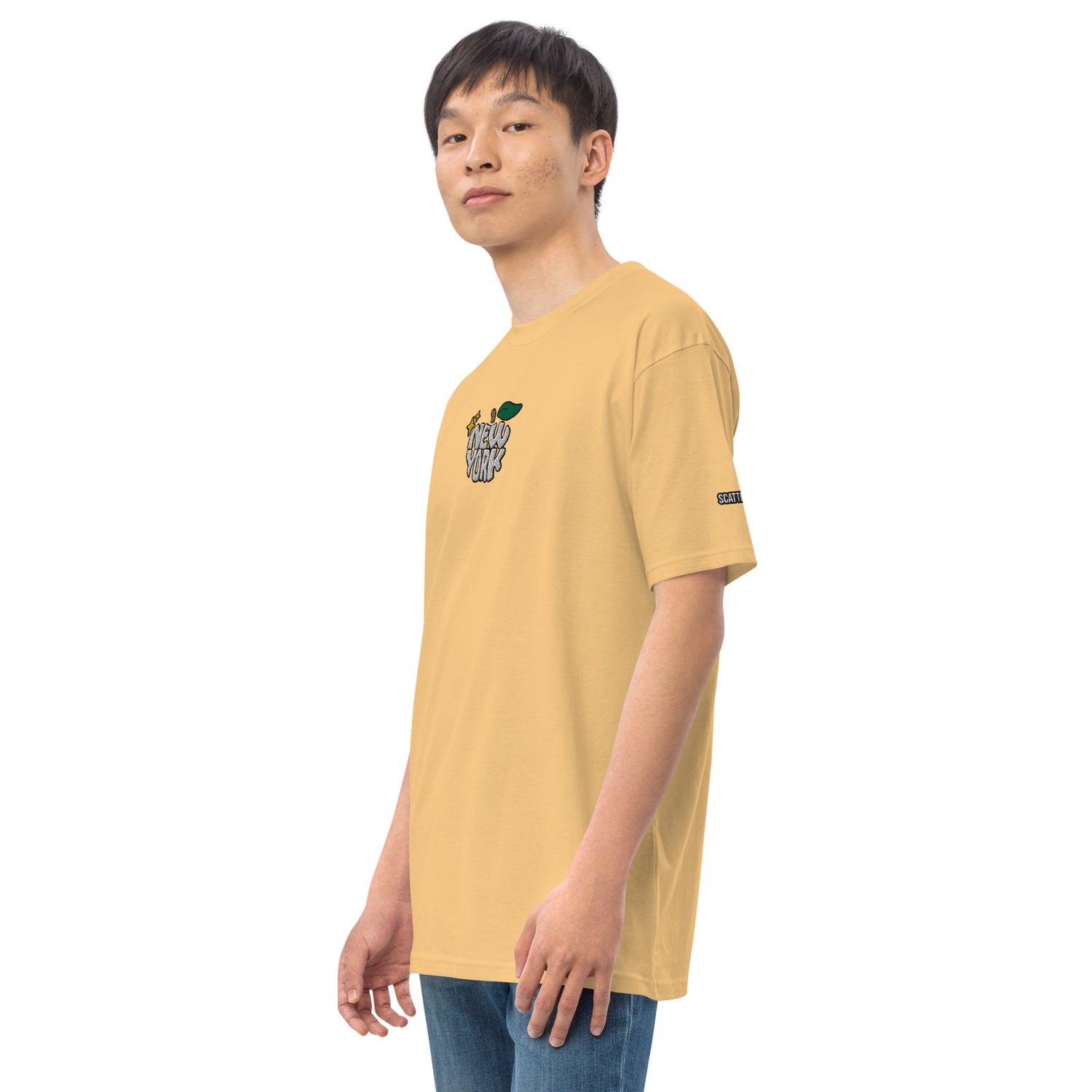 New York Apple Logo Embroidered Yellow T-Shirt Scattered Streetwear