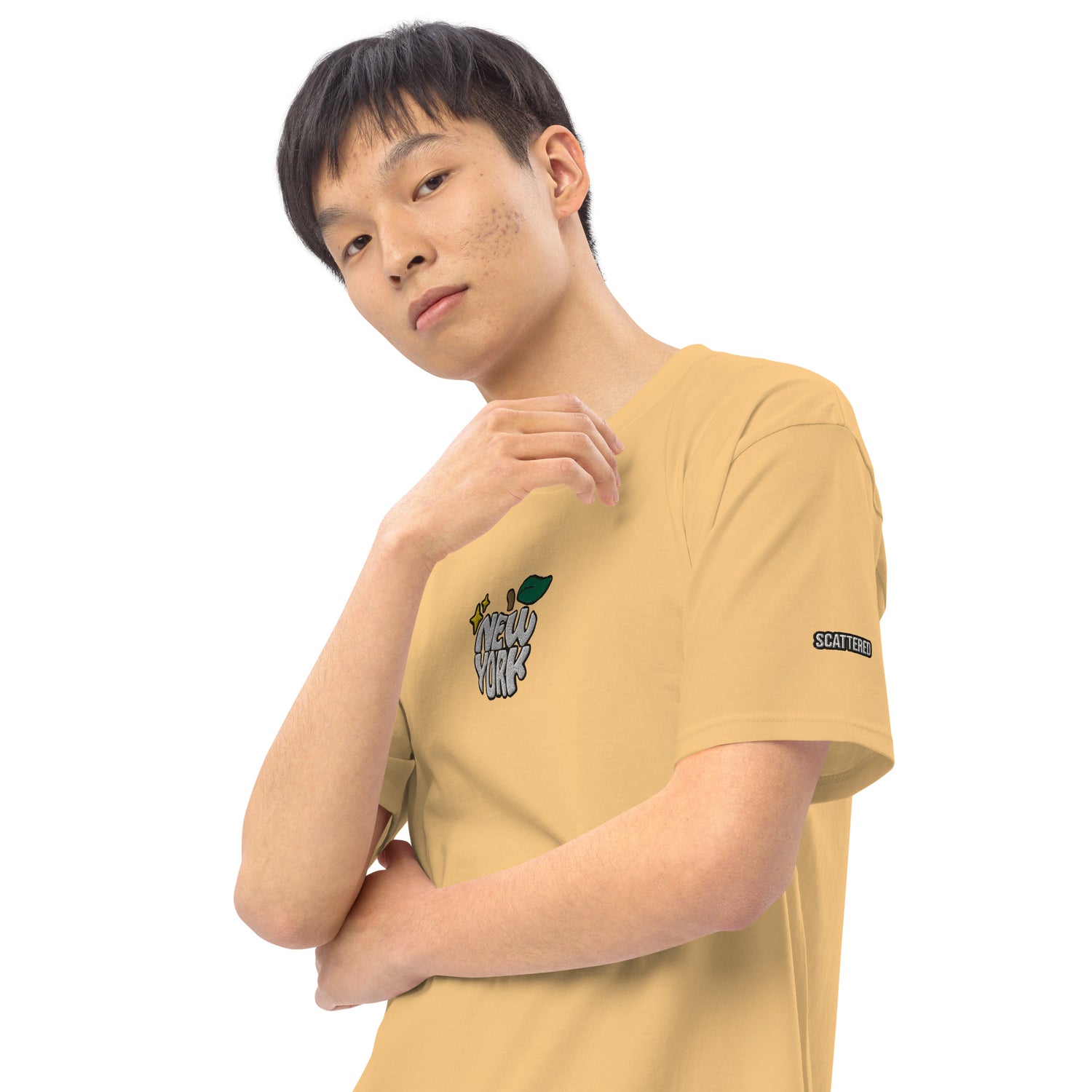 New York Apple Logo Embroidered Yellow T-Shirt Scattered Streetwear