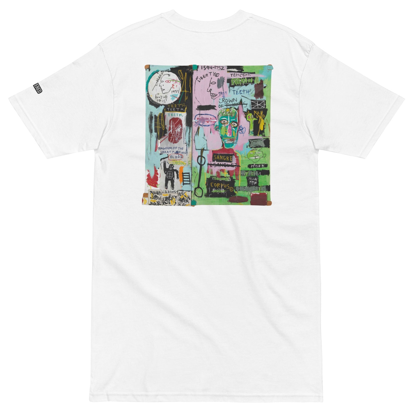 Jean-Michel Basquiat "In Italian" Artwork Embroidered and Printed Premium White Streetwear T-Shirt Scattered