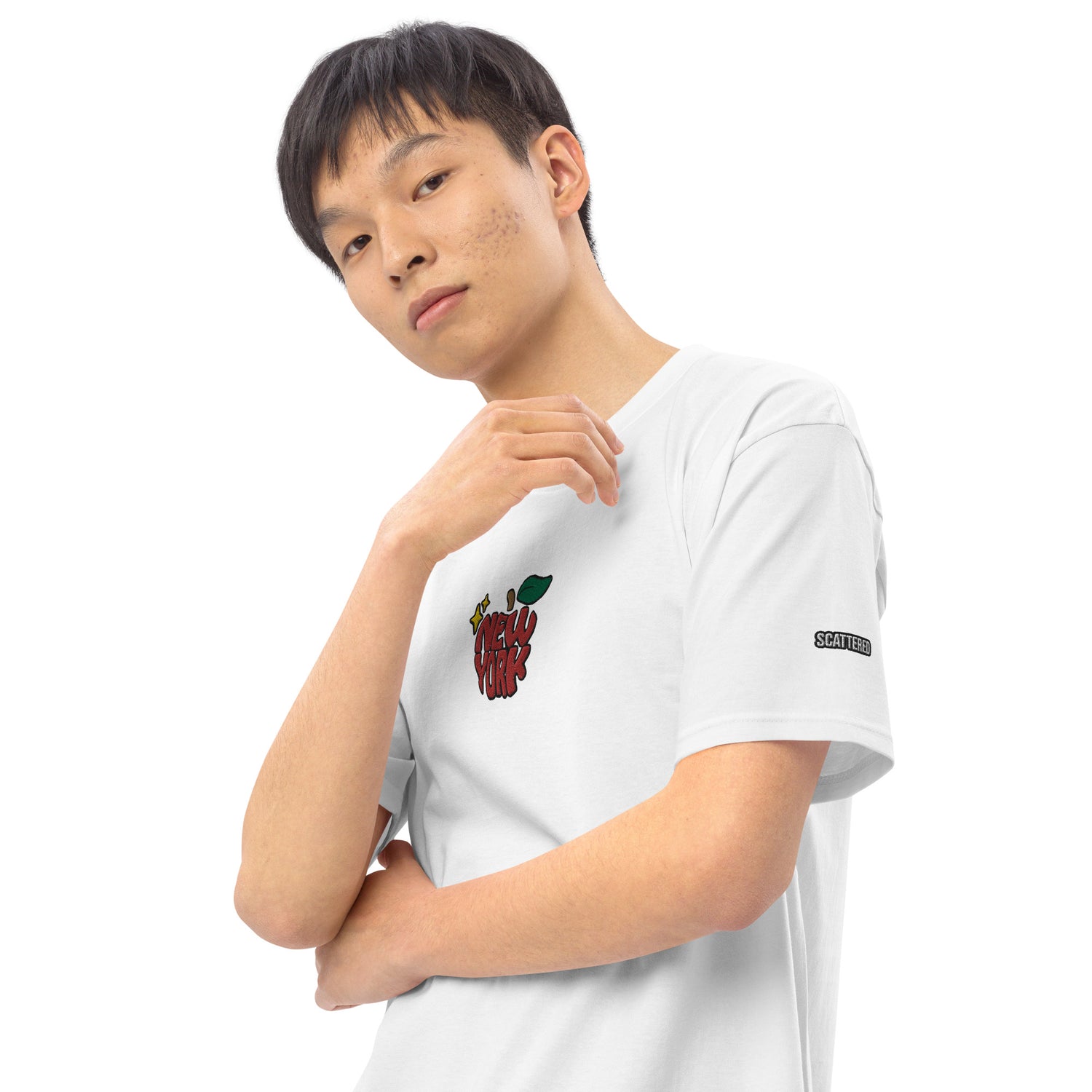 New York Apple Logo Embroidered White T-Shirt Scattered Streetwear