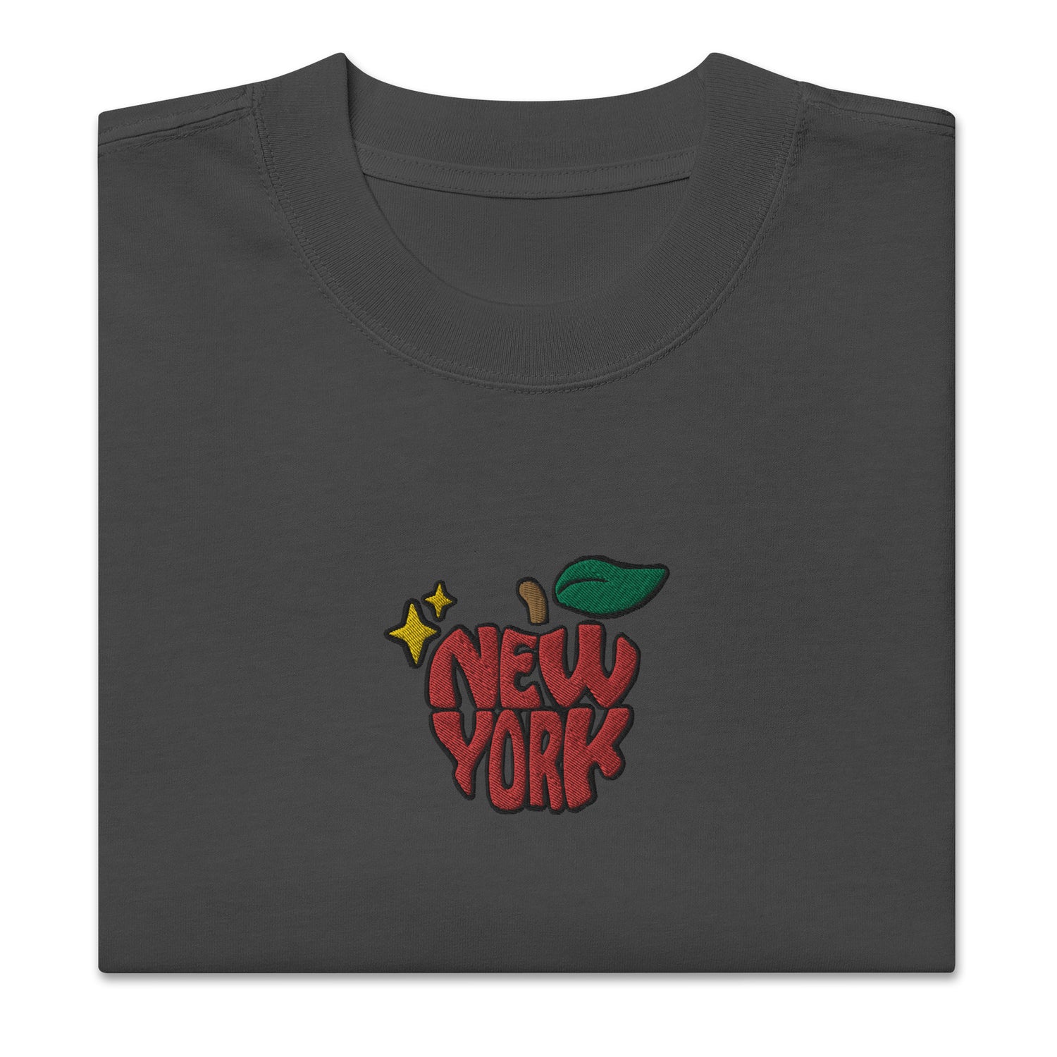 New York Apple Logo Embroidered Oversized Faded Black T-Shirt Scattered Streetwear