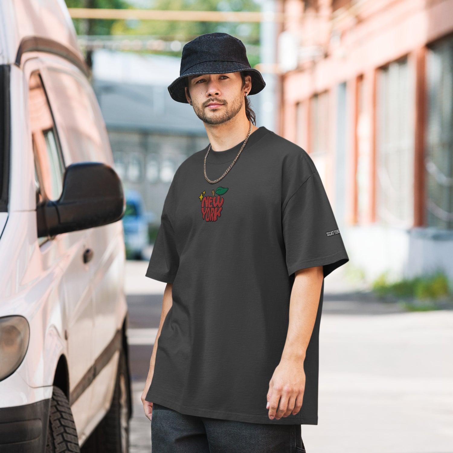 New York Apple Logo Embroidered Oversized Faded Black T-Shirt Scattered Streetwear