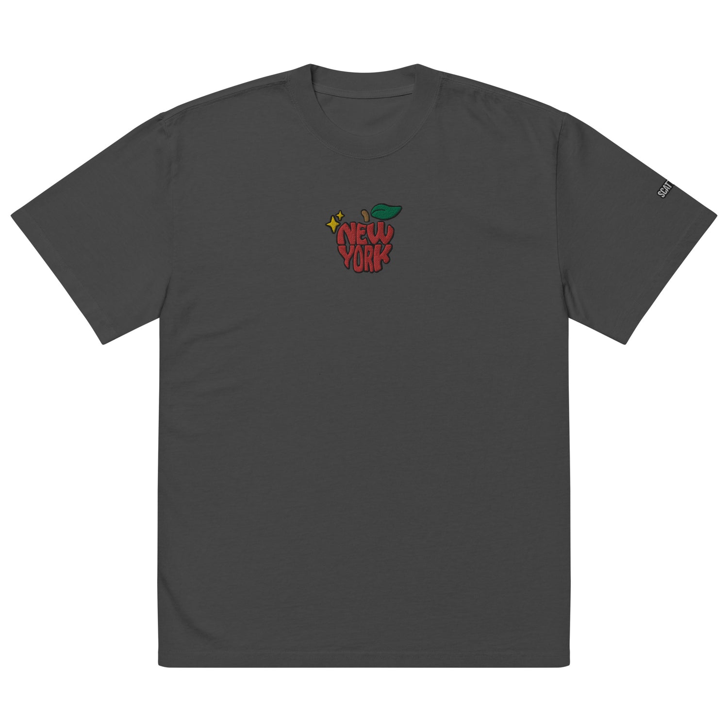 New York Apple Logo Embroidered Oversized Faded Black T-Shirt Scattered Streetwear