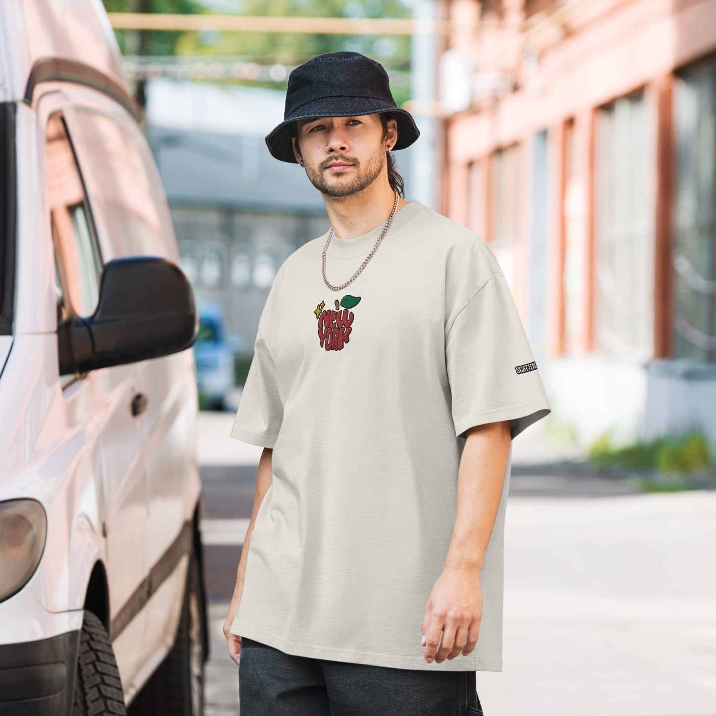 New York Apple Logo Embroidered Oversized Faded Bone White T-Shirt Scattered Streetwear