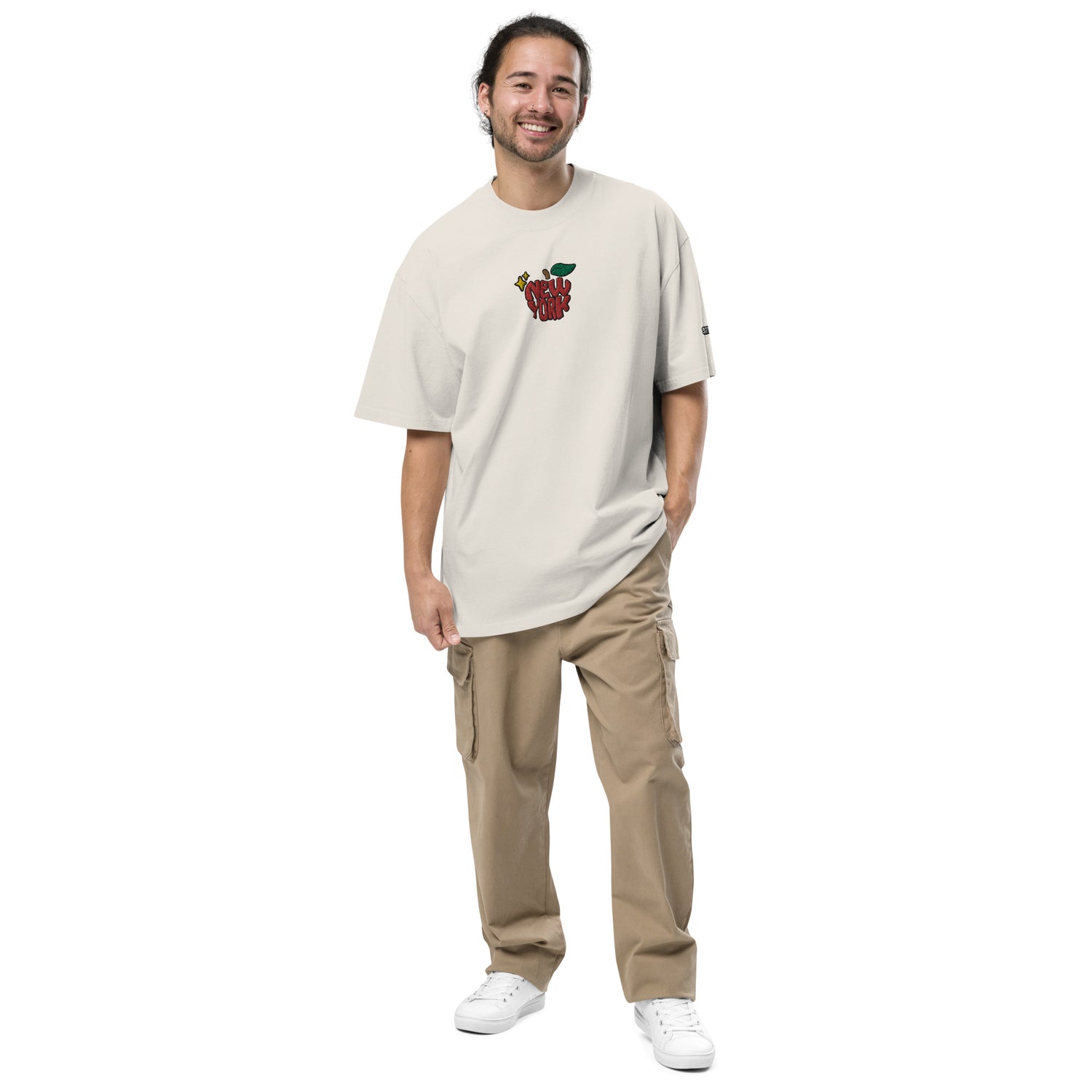 New York Apple Logo Embroidered Oversized Faded Bone White T-Shirt Scattered Streetwear