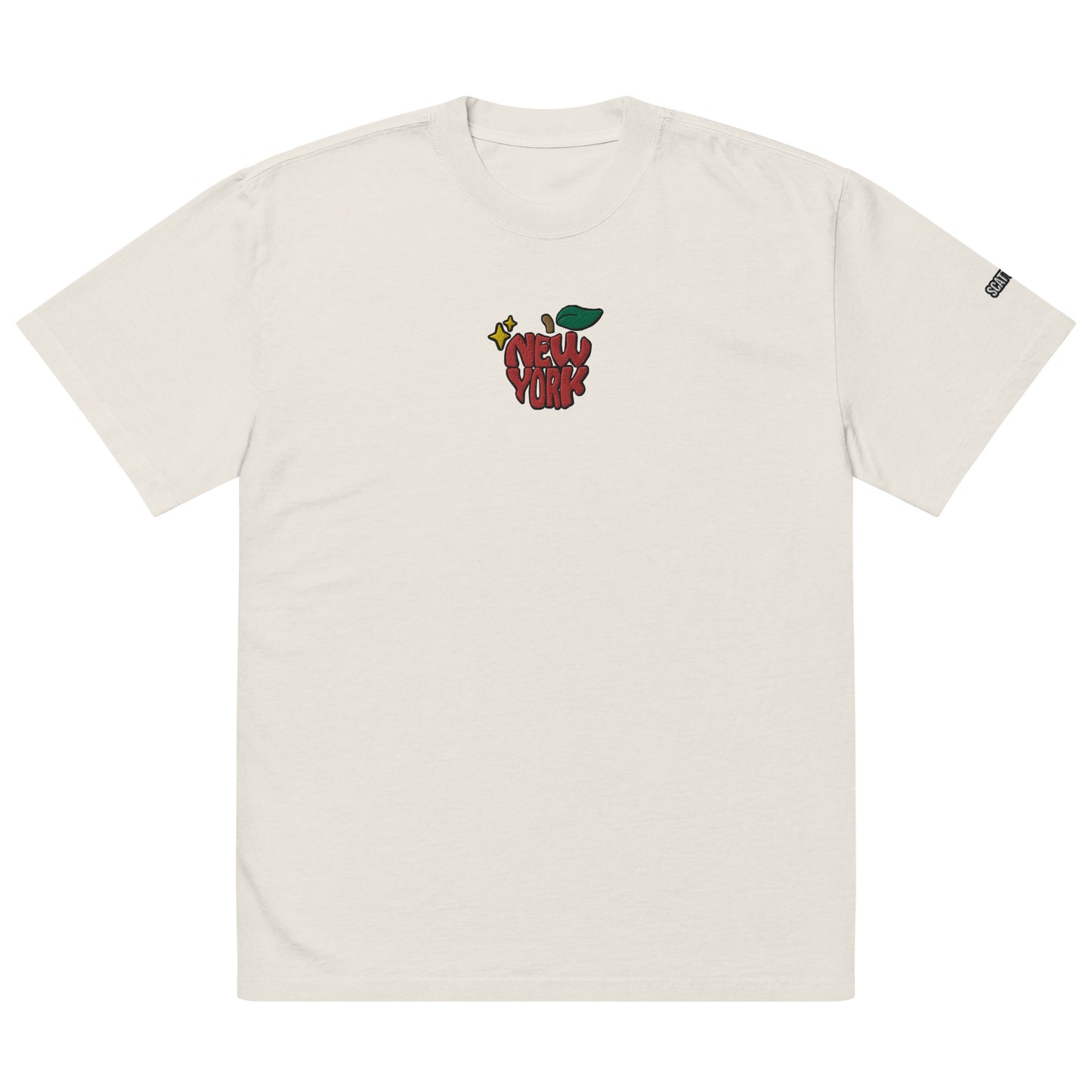 New York Apple Logo Embroidered Oversized Faded Bone White T-Shirt Scattered Streetwear