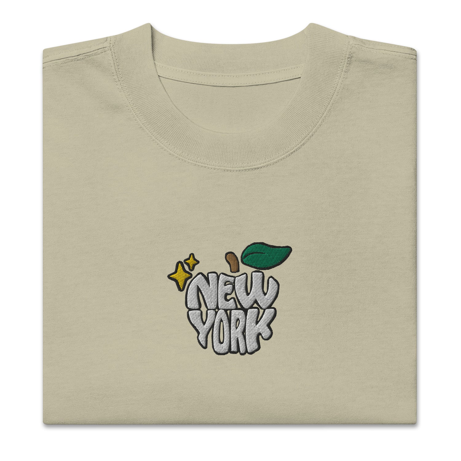 New York Apple Logo Embroidered Oversized Faded Bone eucalyptus Green T-Shirt Scattered Streetwear