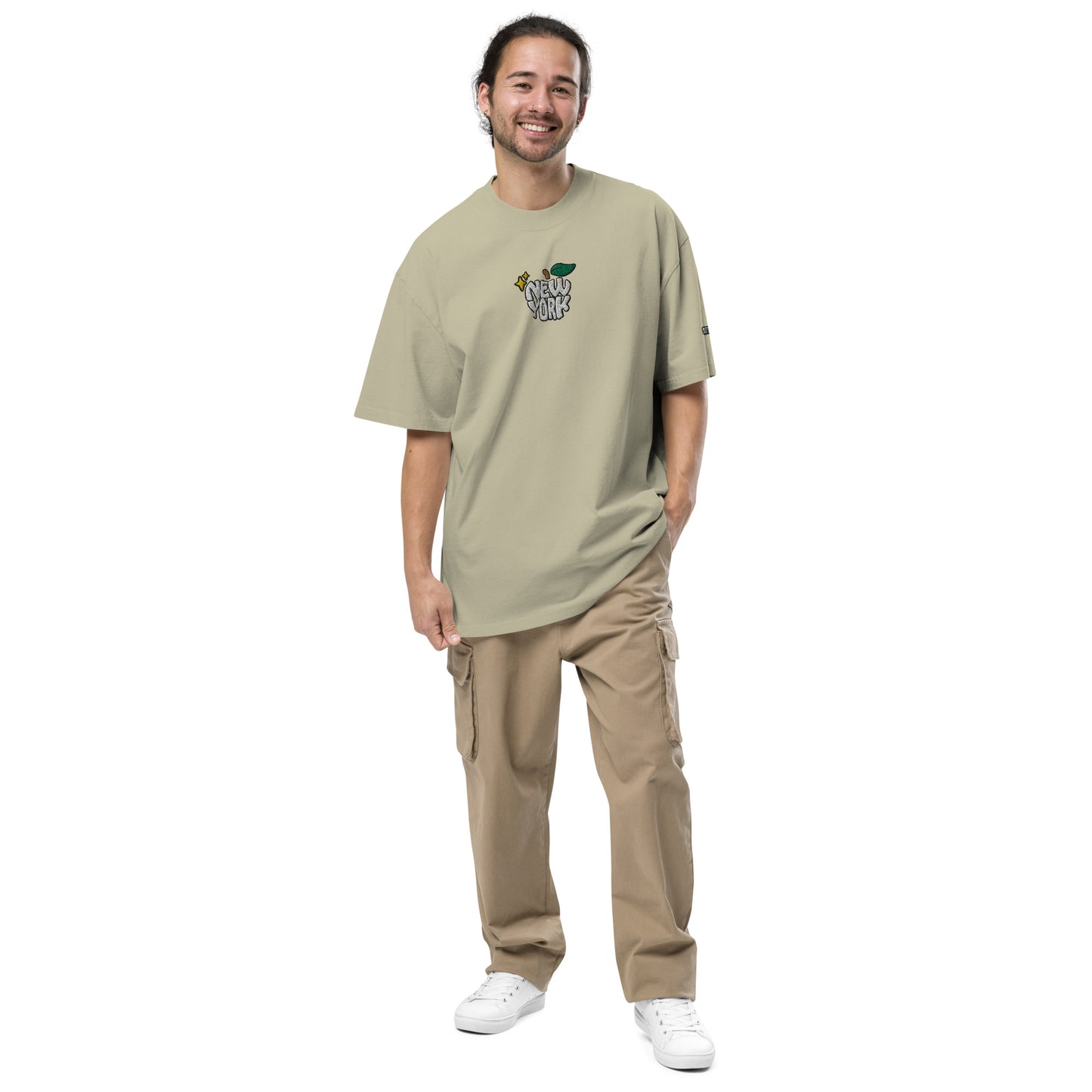 New York Apple Logo Embroidered Oversized Faded Bone eucalyptus Green T-Shirt Scattered Streetwear