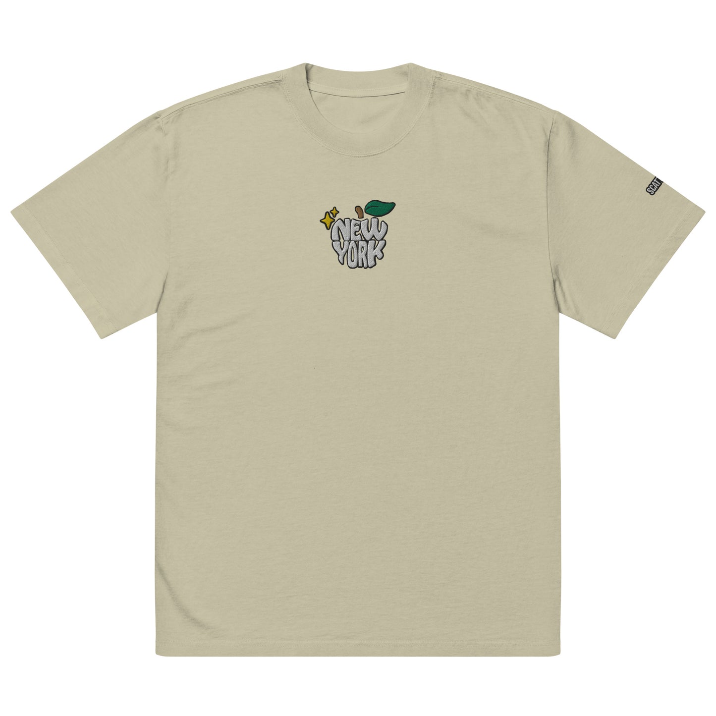 New York Apple Logo Embroidered Oversized Faded Bone eucalyptus Green T-Shirt Scattered Streetwear