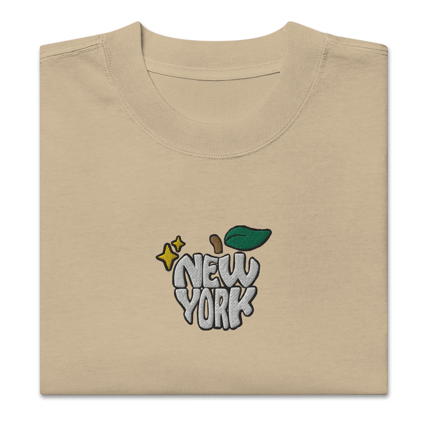 New York Apple Logo Embroidered Oversized Faded Bone Khaki T-Shirt Scattered Streetwear