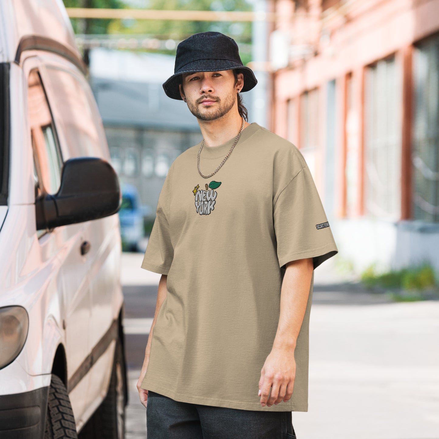 New York Apple Logo Embroidered Oversized Faded Bone Khaki T-Shirt Scattered Streetwear