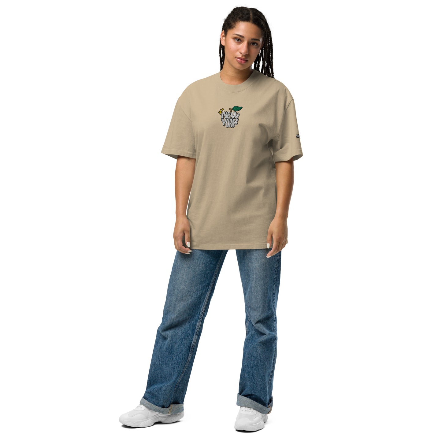 New York Apple Logo Embroidered Oversized Faded Bone Khaki T-Shirt Scattered Streetwear