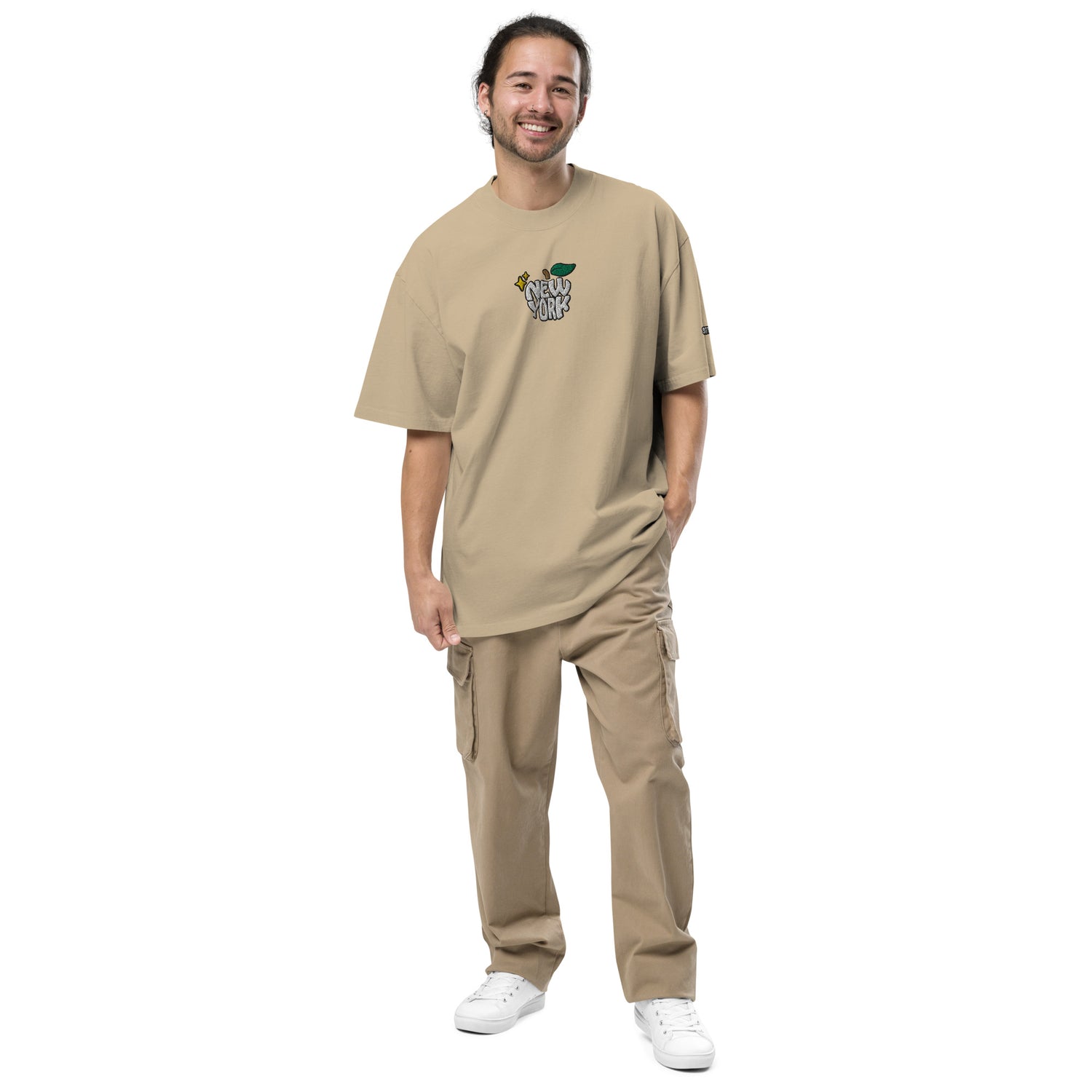 New York Apple Logo Embroidered Oversized Faded Bone Khaki T-Shirt Scattered Streetwear